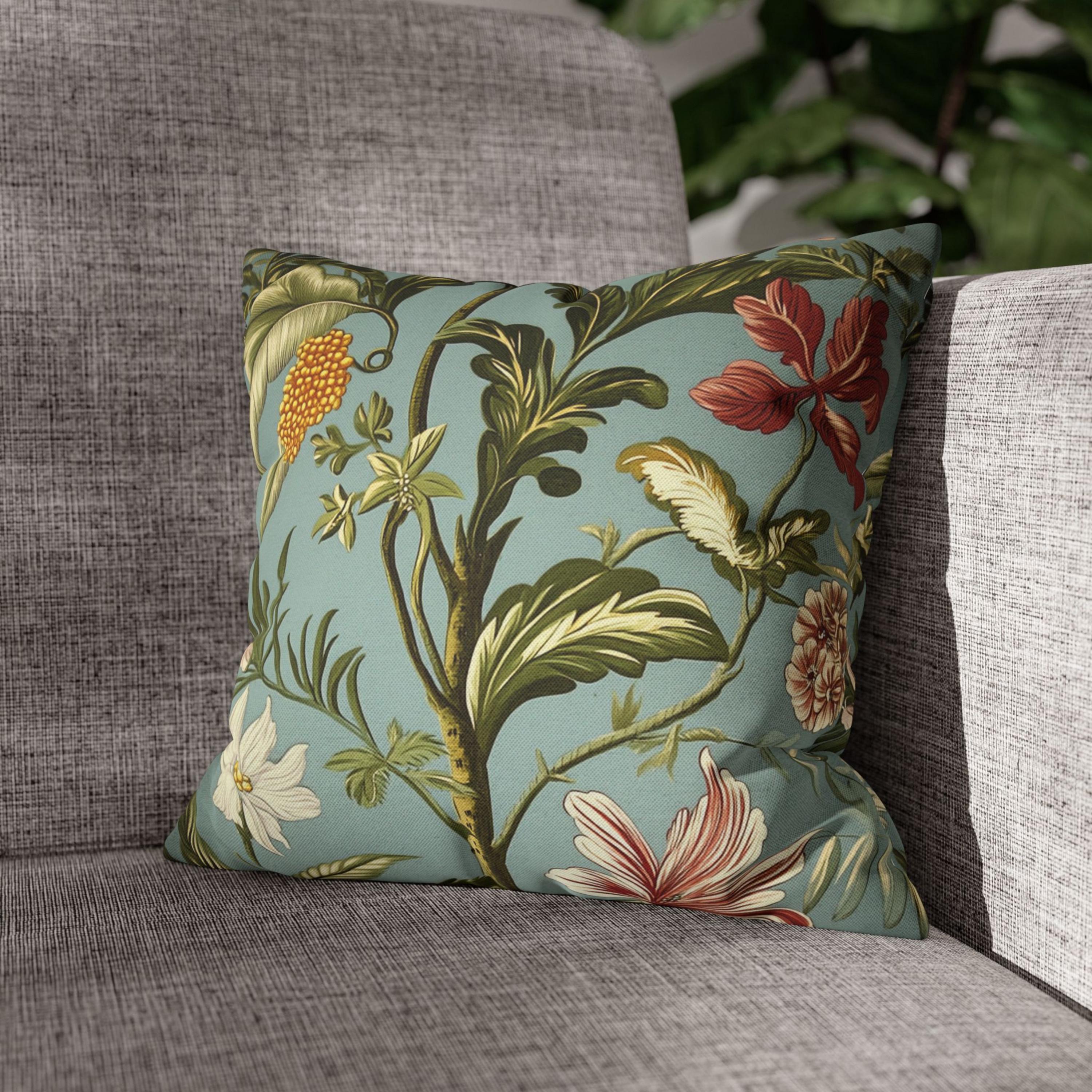 Botanical Floral Throw Pillow, William Morris Inspired Cushion Cover, Light Blue Garden Pillow, Tropical Plant Decor, Nature Art Accent