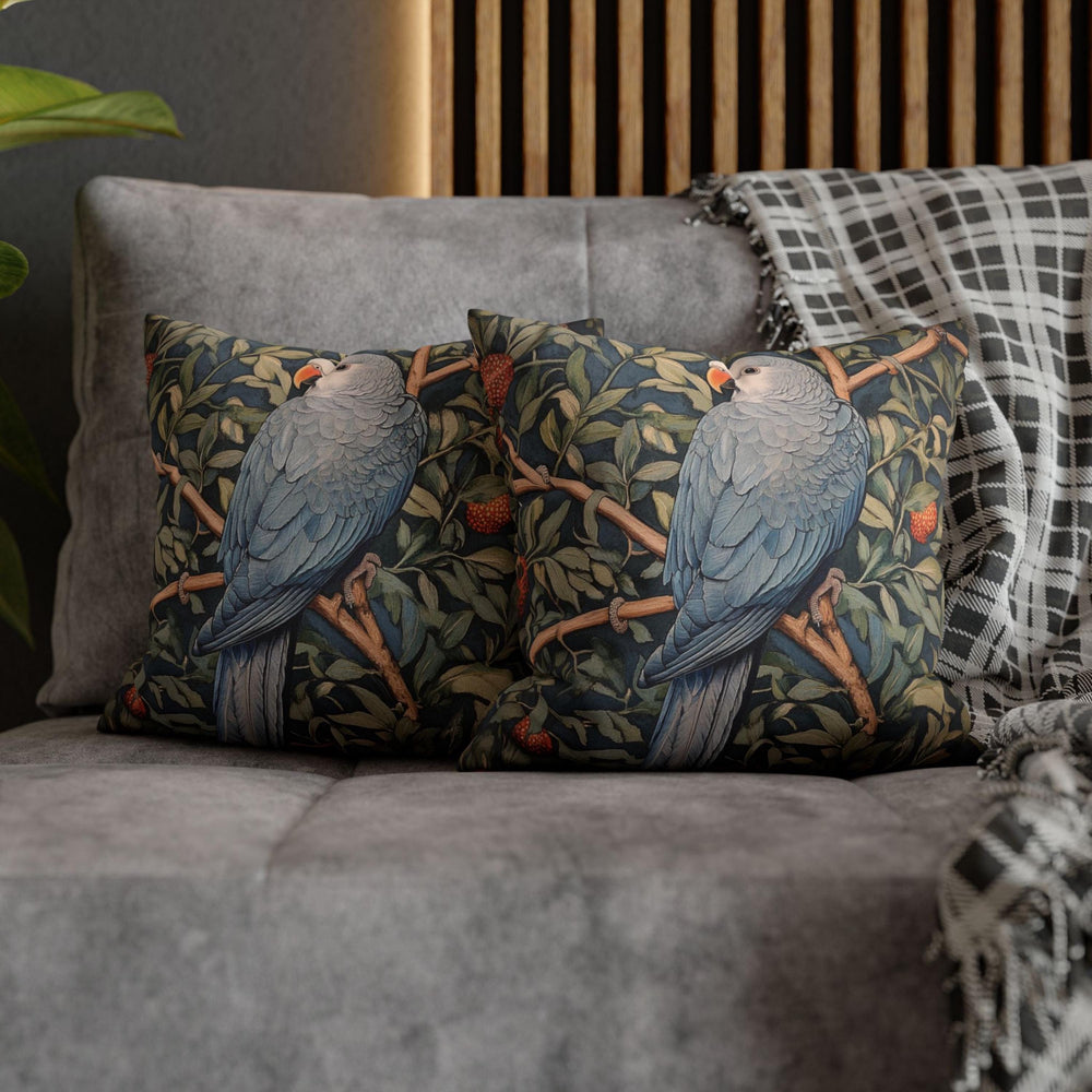 Blue Parrot Throw Pillow, Botanical Bird Cushion Cover, William Morris Inspired Jungle Decor, Artsy Tropical Leaf Accent, Nature Home Pillow