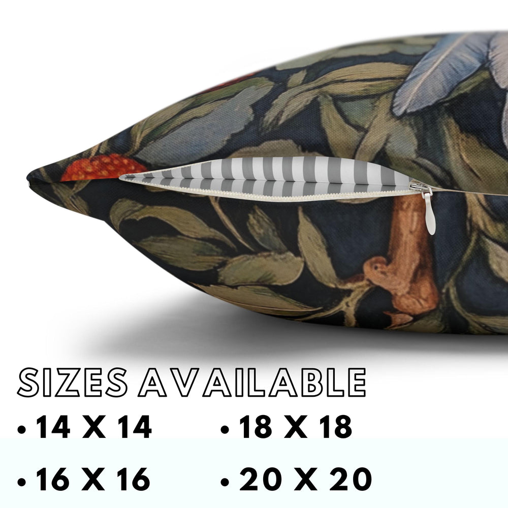 Blue Parrot Throw Pillow, Botanical Bird Cushion Cover, William Morris Inspired Jungle Decor, Artsy Tropical Leaf Accent, Nature Home Pillow