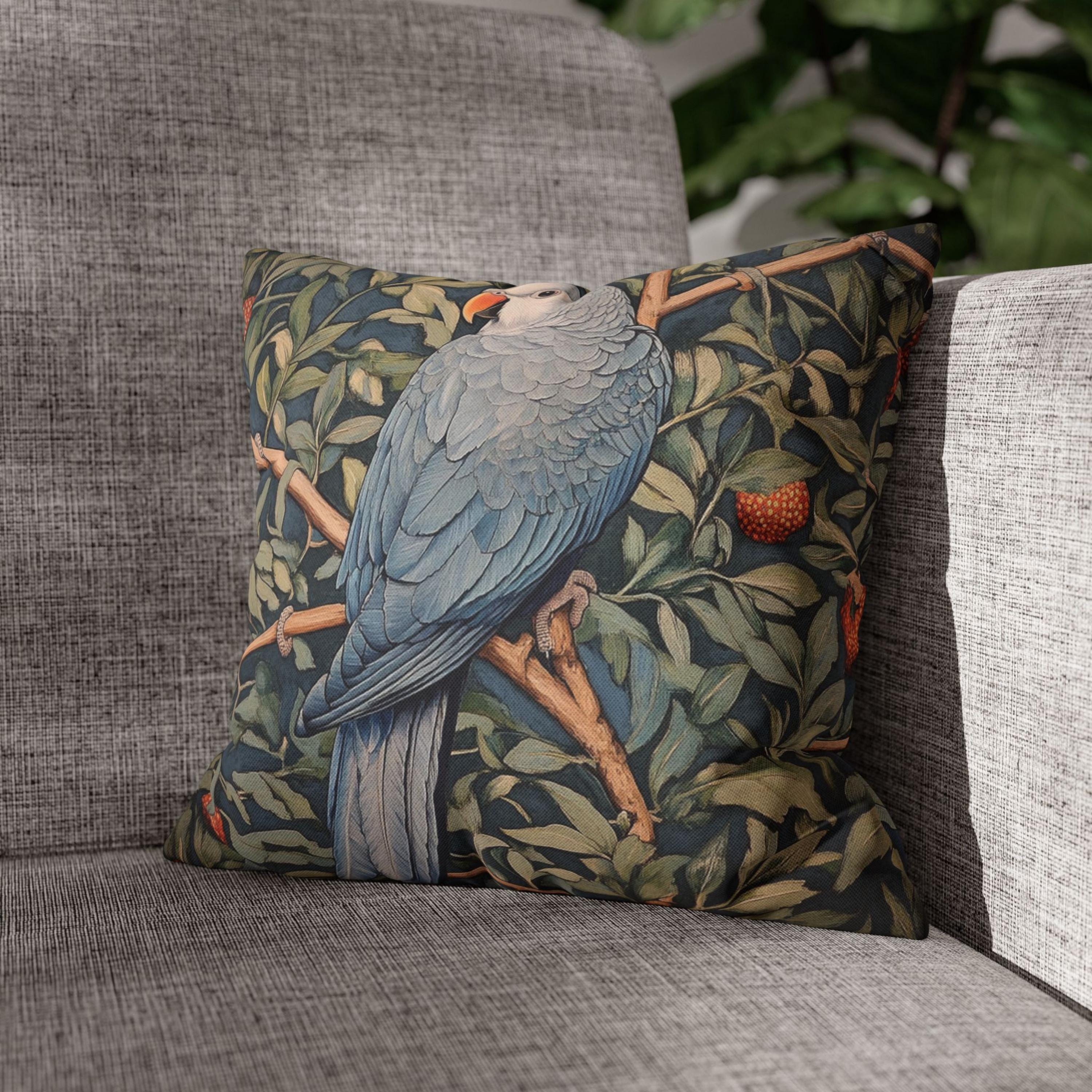 Blue Parrot Throw Pillow, Botanical Bird Cushion Cover, William Morris Inspired Jungle Decor, Artsy Tropical Leaf Accent, Nature Home Pillow