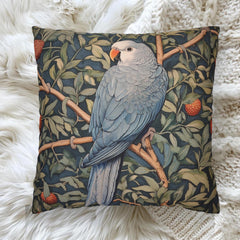 Blue Parrot Throw Pillow, Botanical Bird Cushion Cover, William Morris Inspired Jungle Decor, Artsy Tropical Leaf Accent, Nature Home Pillow