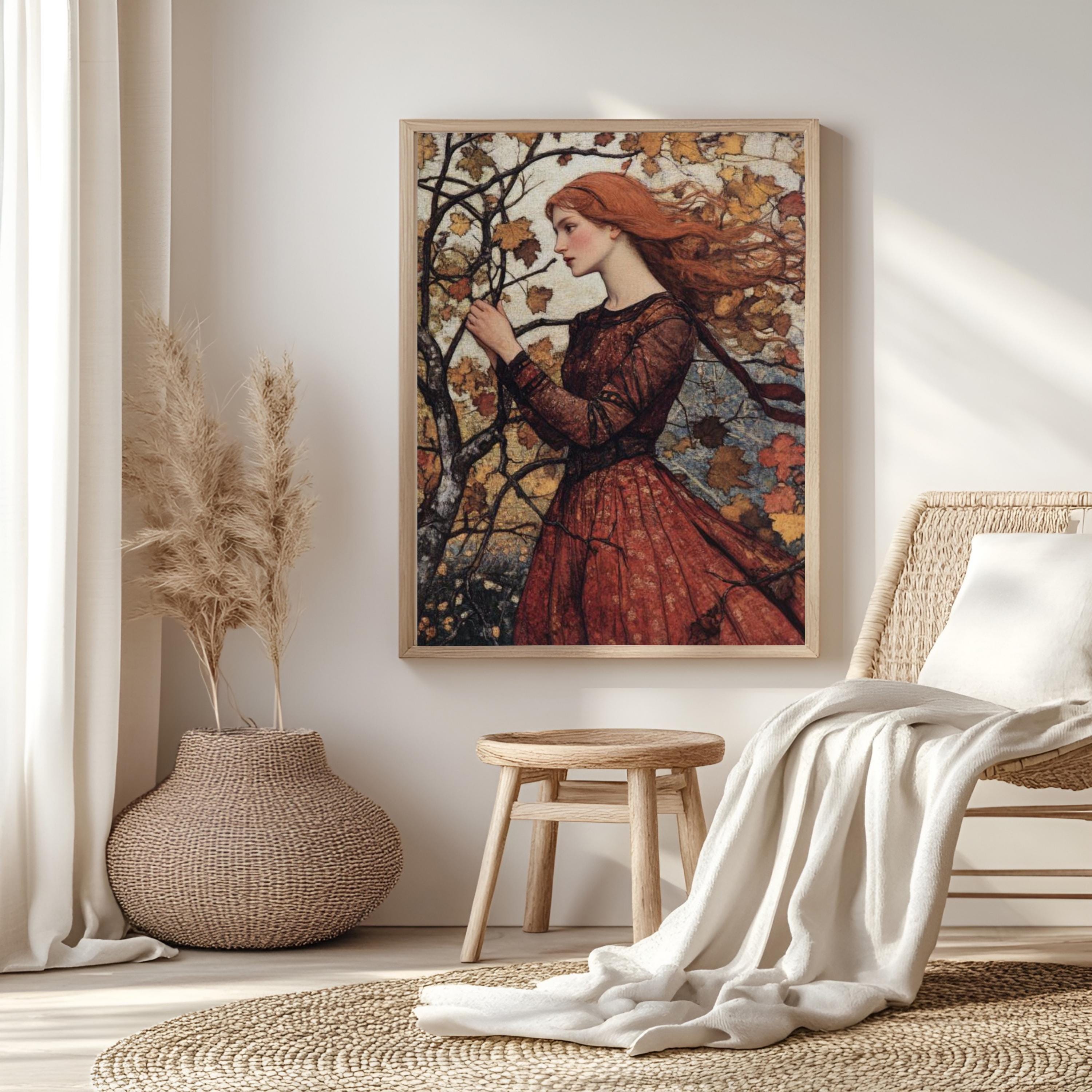 Rustic Autumn Maiden Wall Art, William Morris Canvas Print, Framed Canvas Botanical Accent, Vintage-Inspired Fall Decor, Nature-Inspired Art
