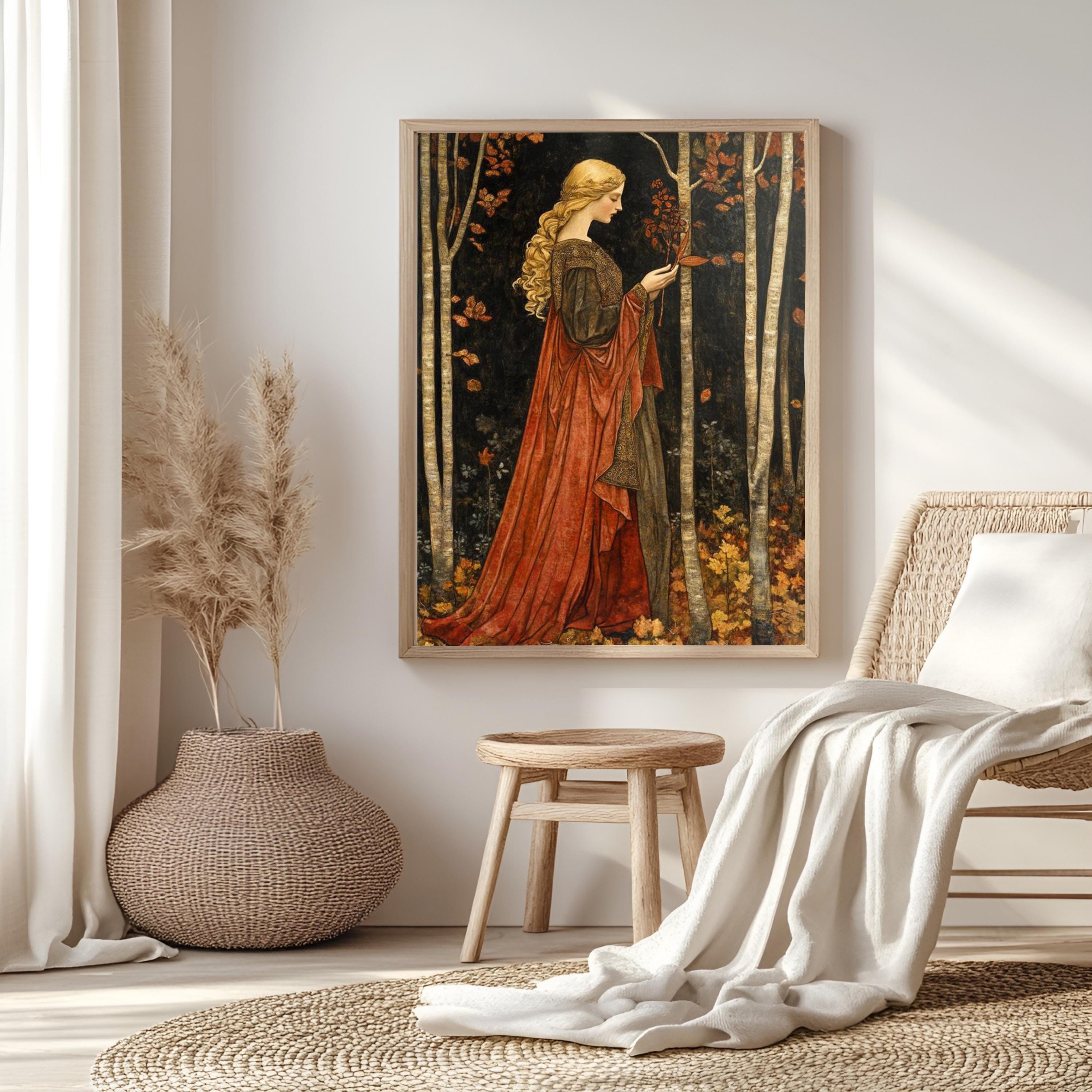 Autumn Goddess Wall Art, William Morris Style Canvas Print, Framed Canvas Botanical Decor, Rustic Nature-Inspired Accent, Vintage Cozy Decor
