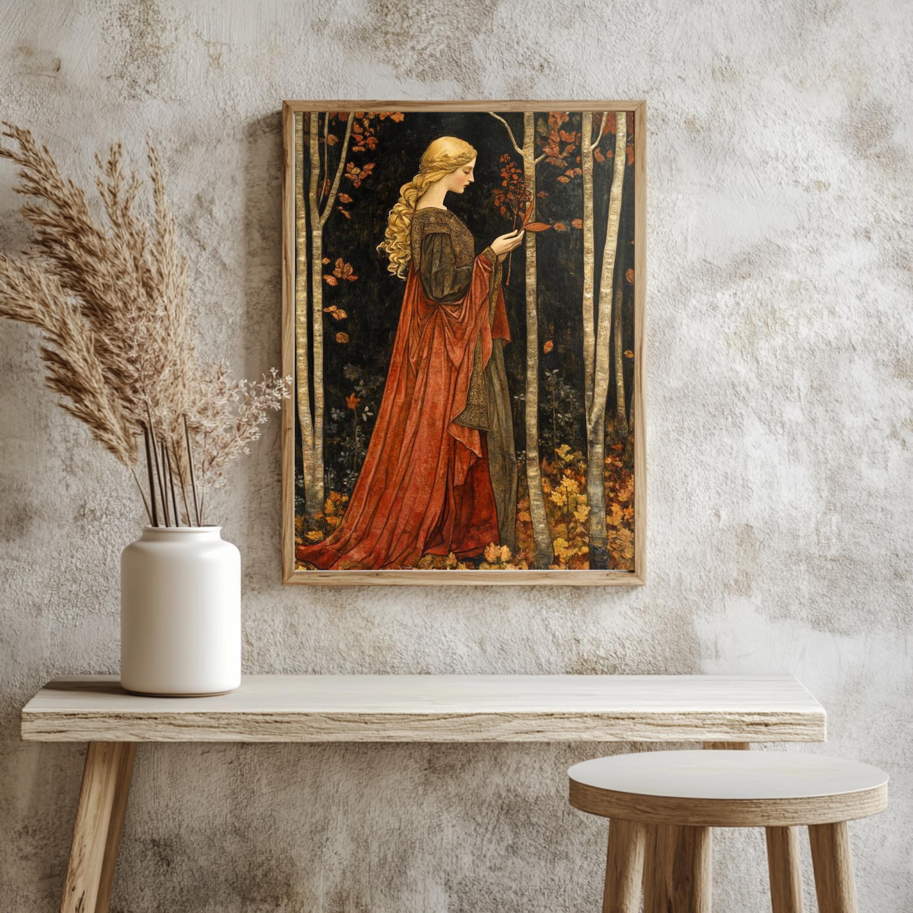 Autumn Goddess Wall Art, William Morris Style Canvas Print, Framed Canvas Botanical Decor, Rustic Nature-Inspired Accent, Vintage Cozy Decor