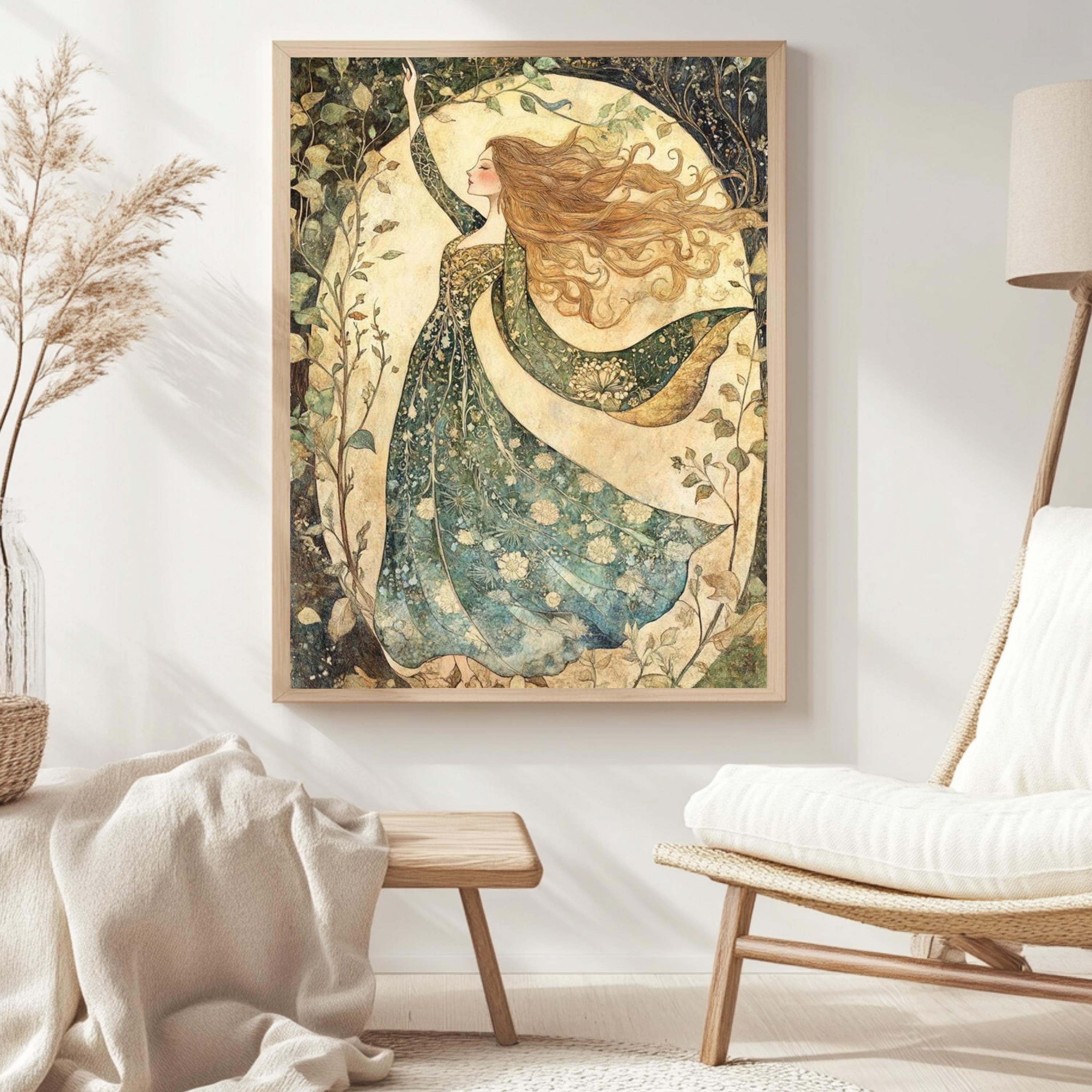 William Morris Goddess Forest Canvas, Woman Wall Art Print, Framed Canvas Botanical Decor, Vintage Rustic Accent, Nature-Inspired Woodland