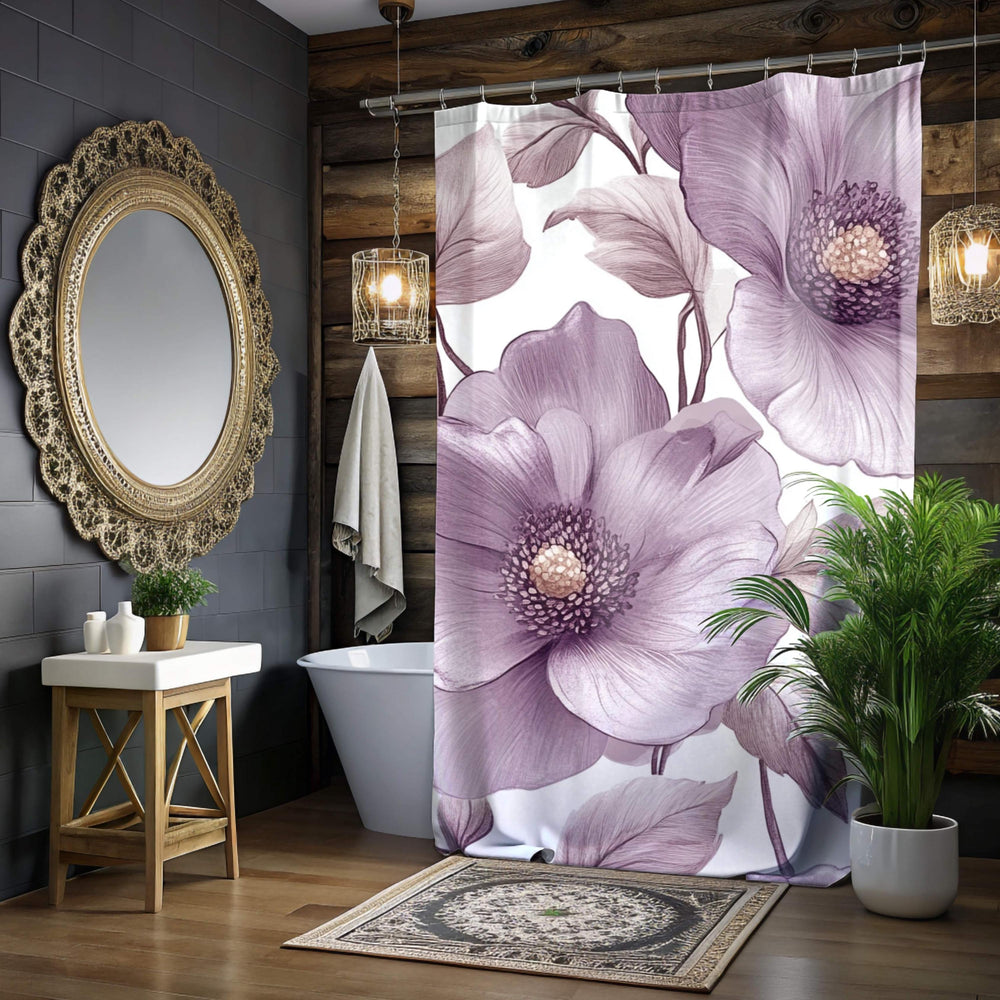 Purple Floral Shower Curtain, Oversized Botanical Bath Art, Romantic Flower Pattern Bathroom Curtain, 71x74 Inches, Moody Bloom Design