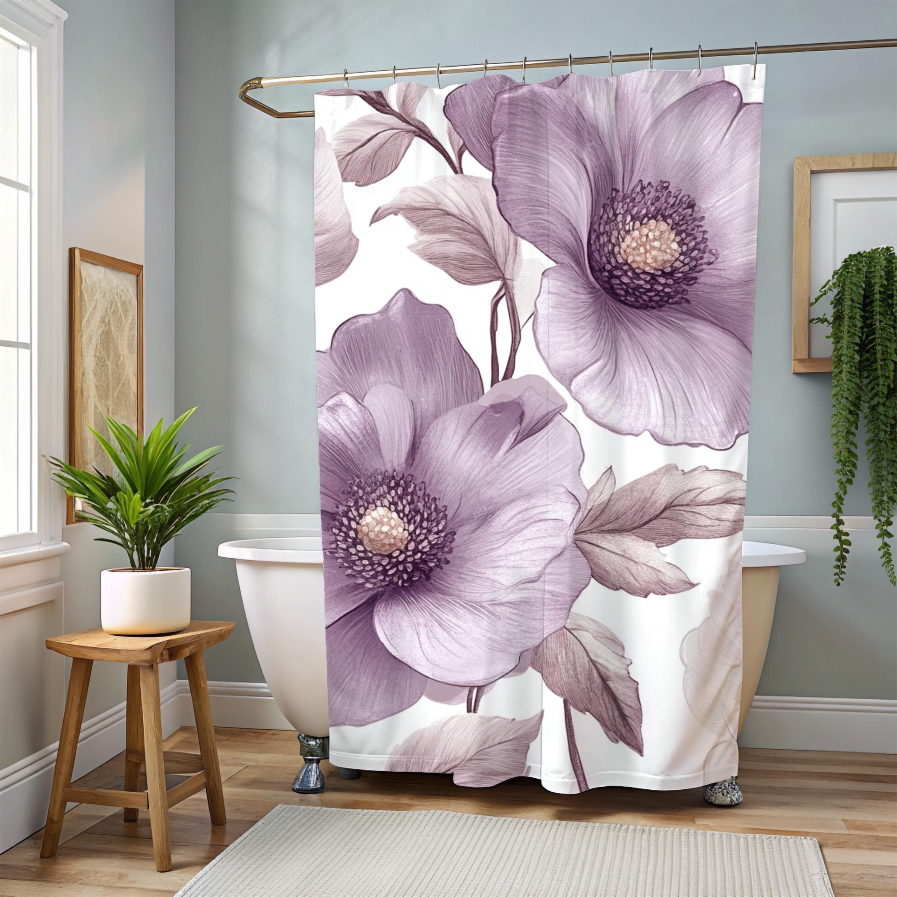 Purple Floral Shower Curtain, Oversized Botanical Bath Art, Romantic Flower Pattern Bathroom Curtain, 71x74 Inches, Moody Bloom Design