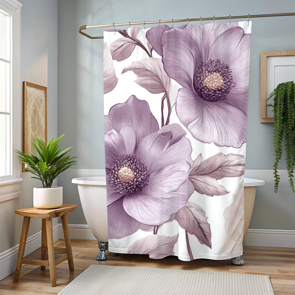 Purple Floral Shower Curtain, Oversized Botanical Bath Art, Romantic Flower Pattern Bathroom Curtain, 71x74 Inches, Moody Bloom Design