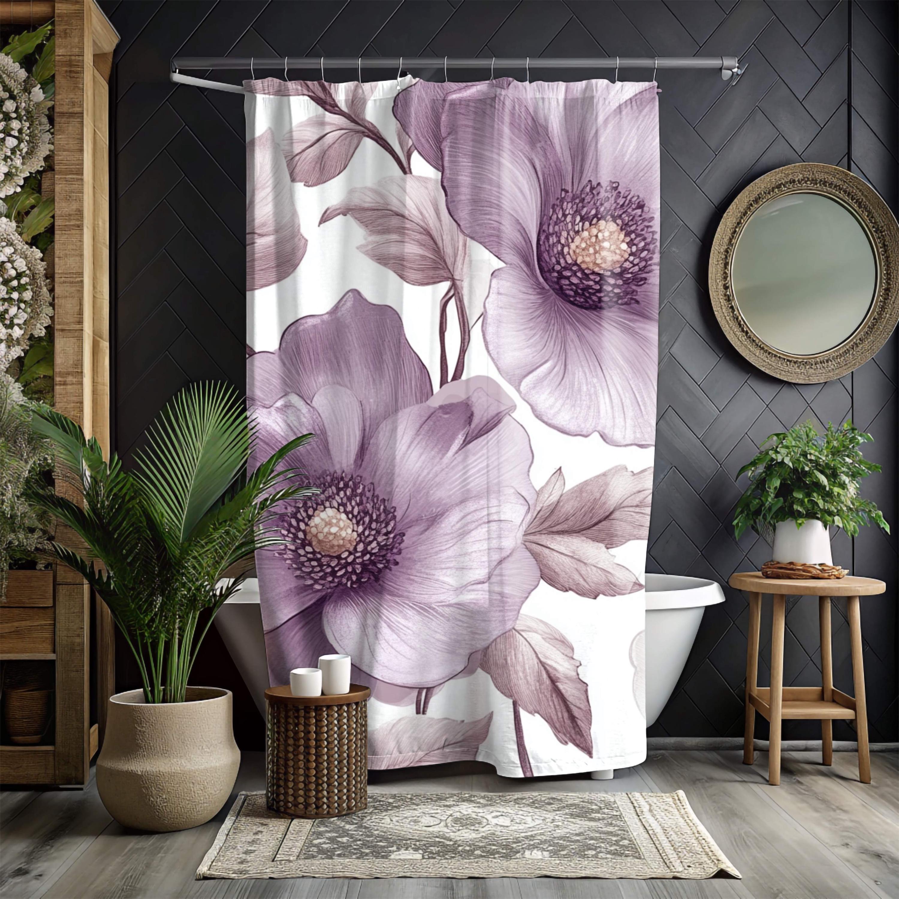 Purple Floral Shower Curtain, Oversized Botanical Bath Art, Romantic Flower Pattern Bathroom Curtain, 71x74 Inches, Moody Bloom Design