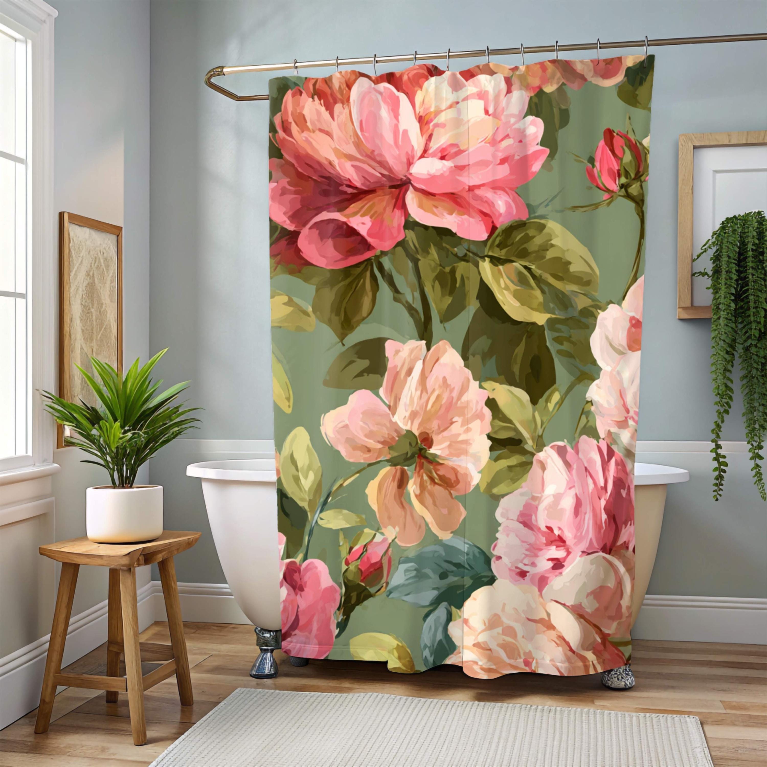 Pink Rose Floral Shower Curtain, Vintage Style Garden Bloom, Oversized Botanical Flower Print, Nature-Inspired Bathroom Curtain, 71x74