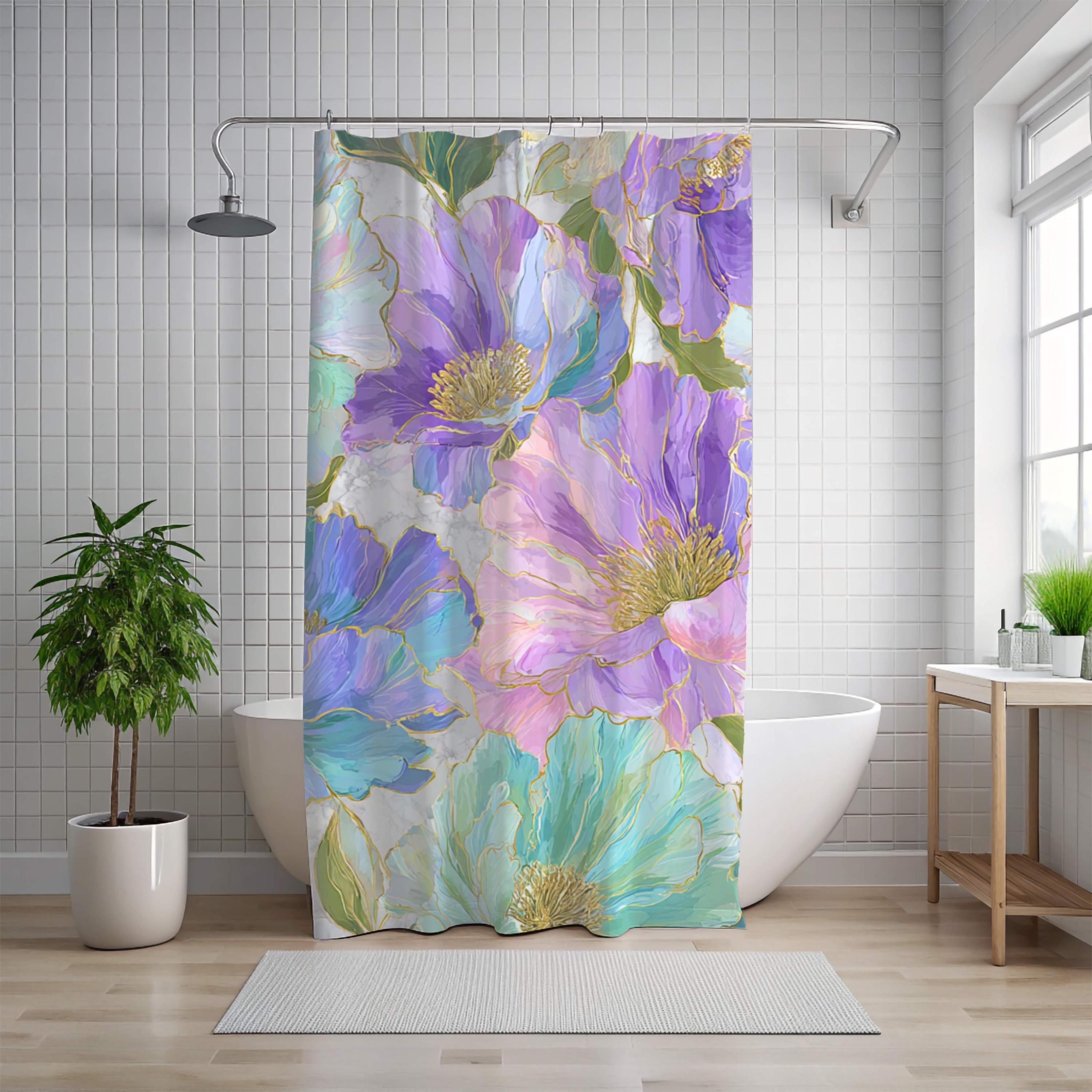 Pastel Floral Shower Curtain, Watercolor Peony with Gold Accents, Bold Artistic Flower Bathroom Decor, Colorful Botanical Curtain, 71x74