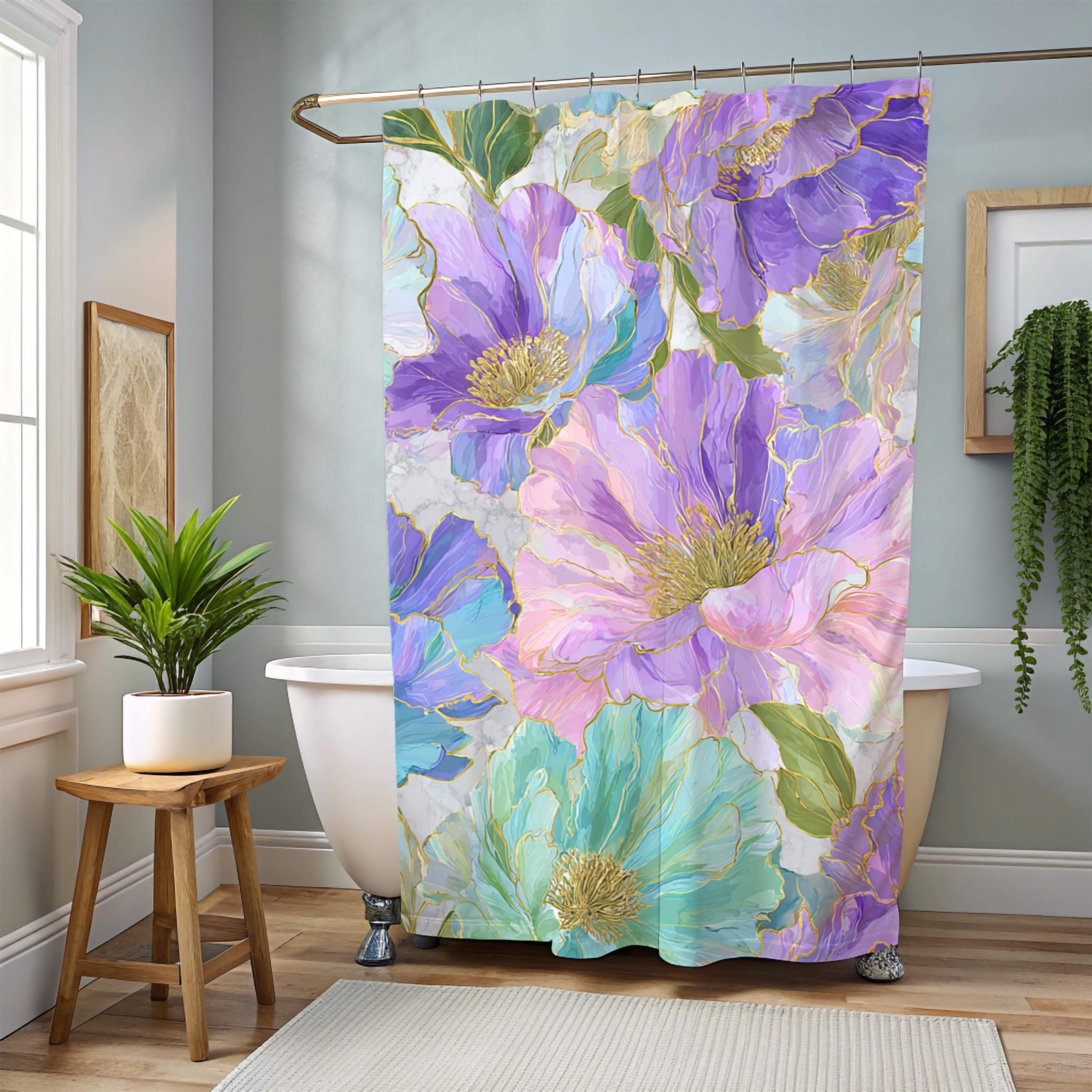 Pastel Floral Shower Curtain, Watercolor Peony with Gold Accents, Bold Artistic Flower Bathroom Decor, Colorful Botanical Curtain, 71x74