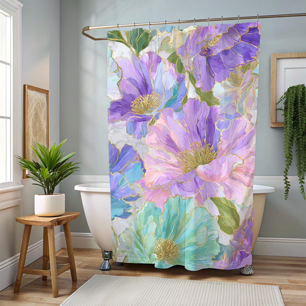 Pastel Floral Shower Curtain, Watercolor Peony with Gold Accents, Bold Artistic Flower Bathroom Decor, Colorful Botanical Curtain, 71x74