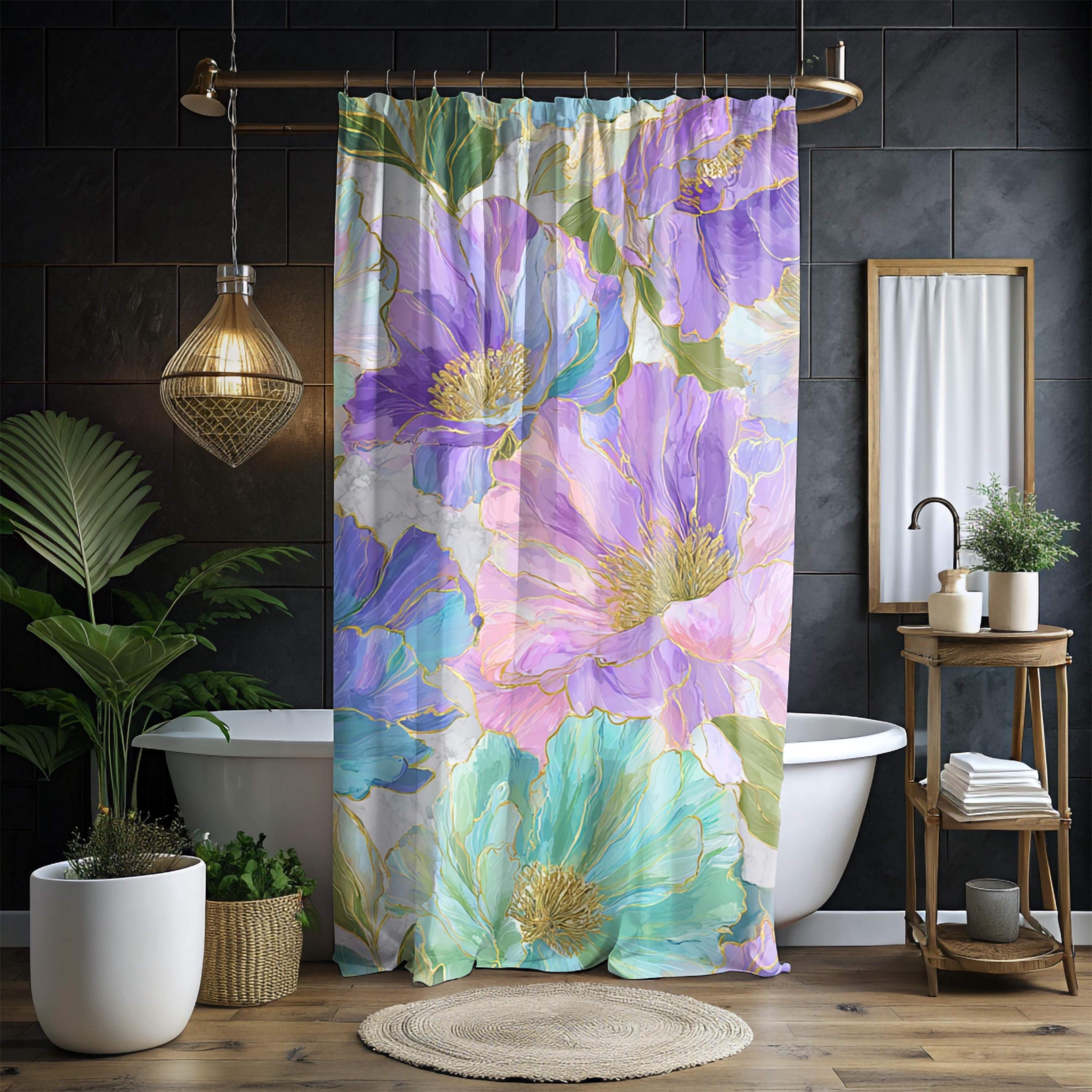 Pastel Floral Shower Curtain, Watercolor Peony with Gold Accents, Bold Artistic Flower Bathroom Decor, Colorful Botanical Curtain, 71x74
