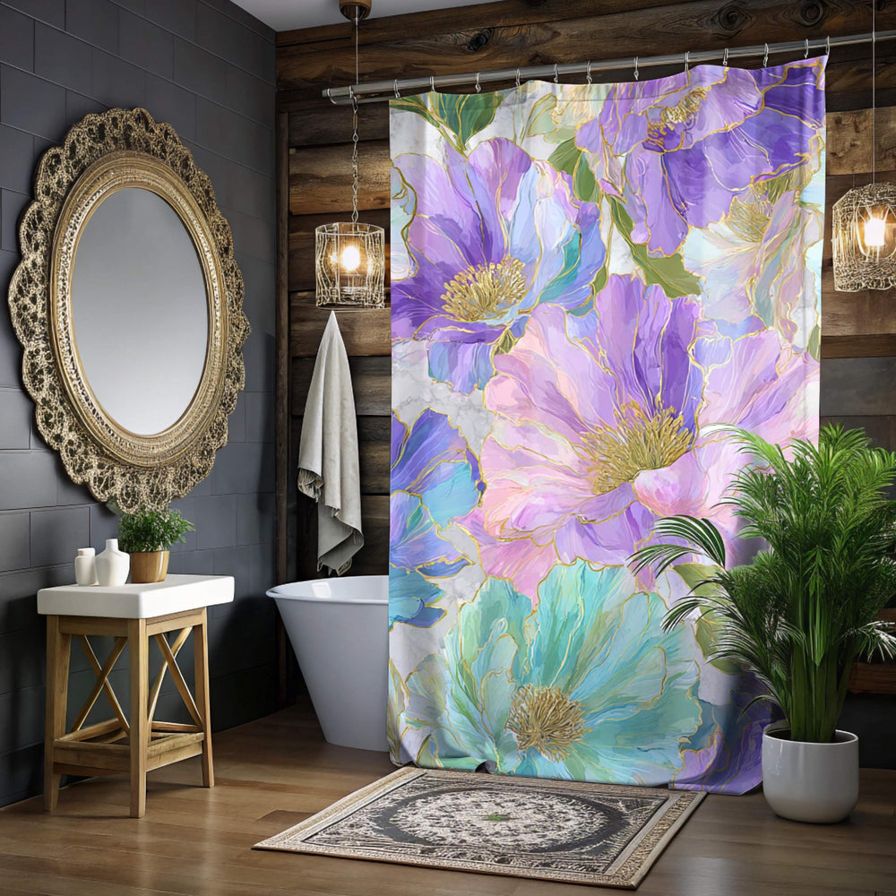 Pastel Floral Shower Curtain, Watercolor Peony with Gold Accents, Bold Artistic Flower Bathroom Decor, Colorful Botanical Curtain, 71x74
