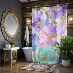 Pastel Floral Shower Curtain, Watercolor Peony with Gold Accents, Bold Artistic Flower Bathroom Decor, Colorful Botanical Curtain, 71x74