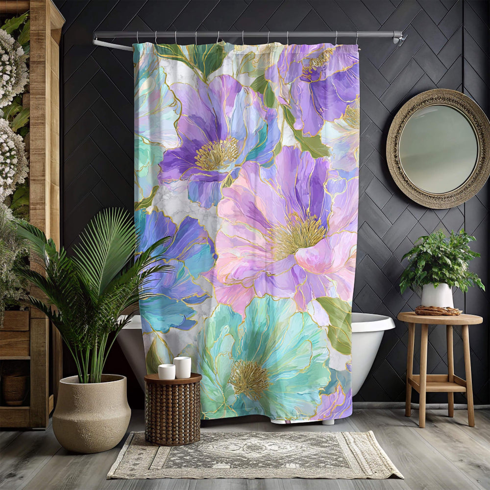 Pastel Floral Shower Curtain, Watercolor Peony with Gold Accents, Bold Artistic Flower Bathroom Decor, Colorful Botanical Curtain, 71x74