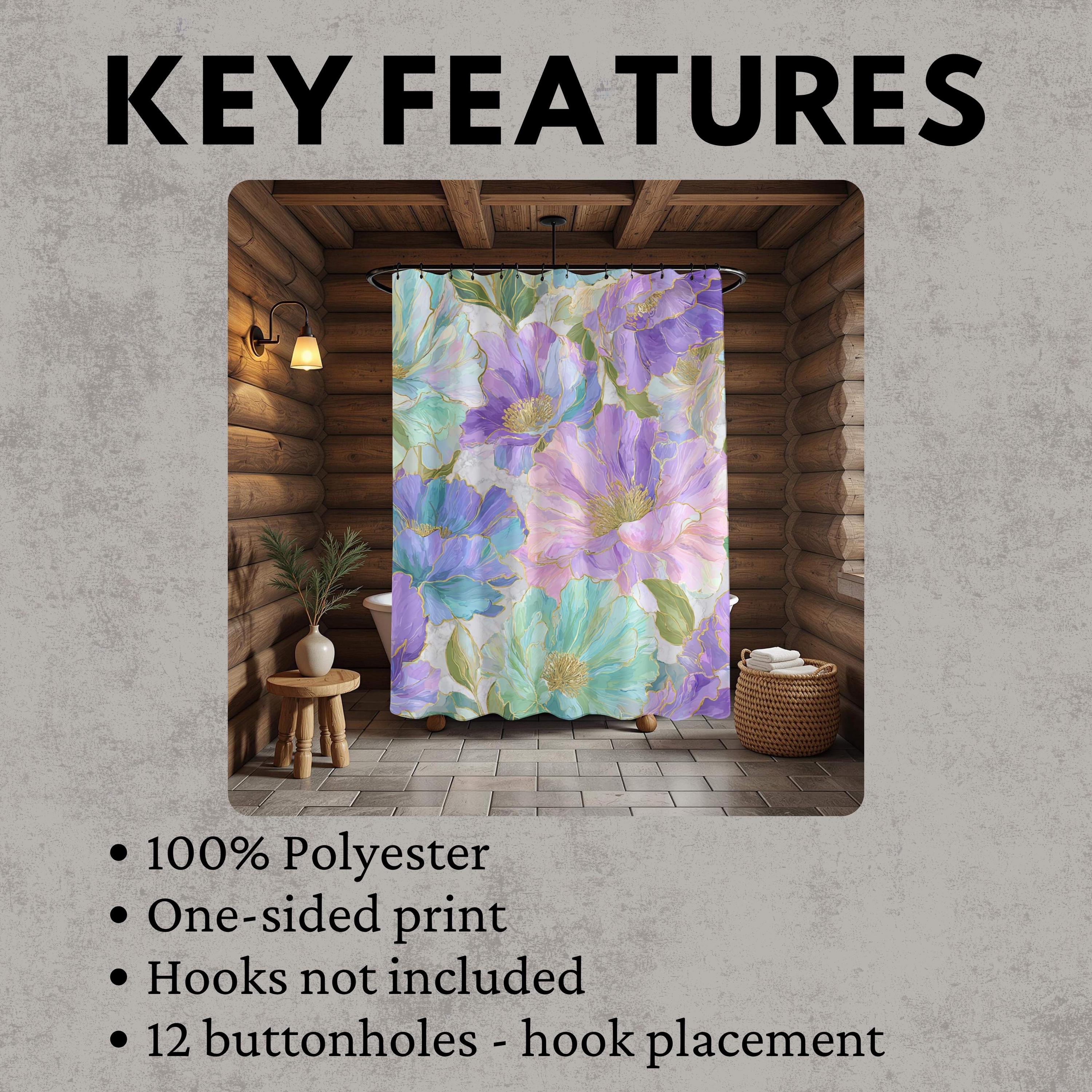 Pastel Floral Shower Curtain, Watercolor Peony with Gold Accents, Bold Artistic Flower Bathroom Decor, Colorful Botanical Curtain, 71x74