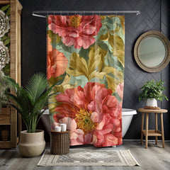 Peony Shower Curtain, Oversized Bloom Print, Olive Leaves Vibrant Botanical Bathroom Decor, Floral Pattern Fabric Curtain, 71x74