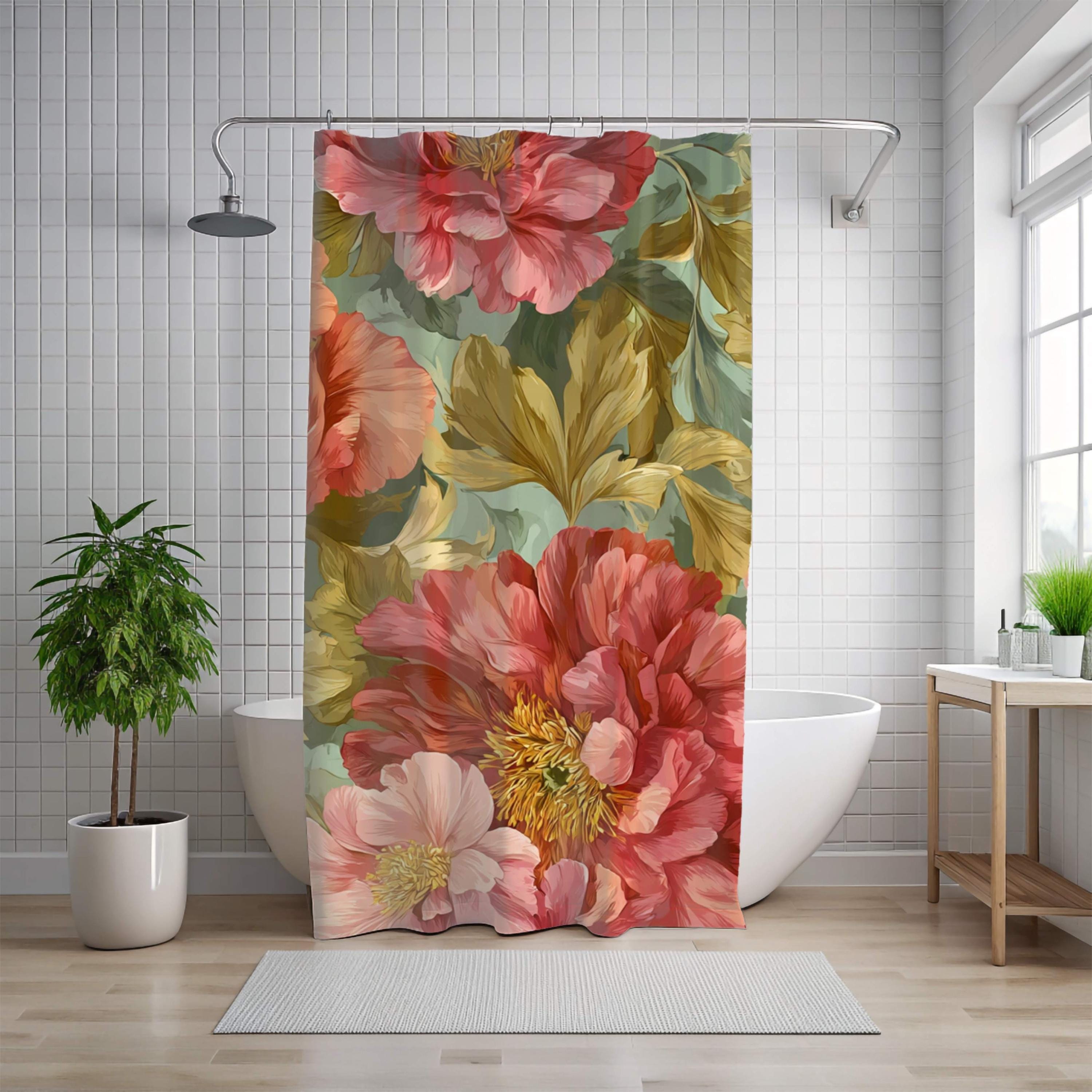 Peony Shower Curtain, Oversized Bloom Print, Olive Leaves Vibrant Botanical Bathroom Decor, Floral Pattern Fabric Curtain, 71x74