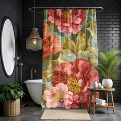 Peony Shower Curtain, Oversized Bloom Print, Olive Leaves Vibrant Botanical Bathroom Decor, Floral Pattern Fabric Curtain, 71x74