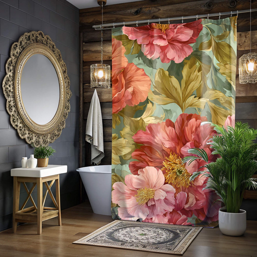 Peony Shower Curtain, Oversized Bloom Print, Olive Leaves Vibrant Botanical Bathroom Decor, Floral Pattern Fabric Curtain, 71x74