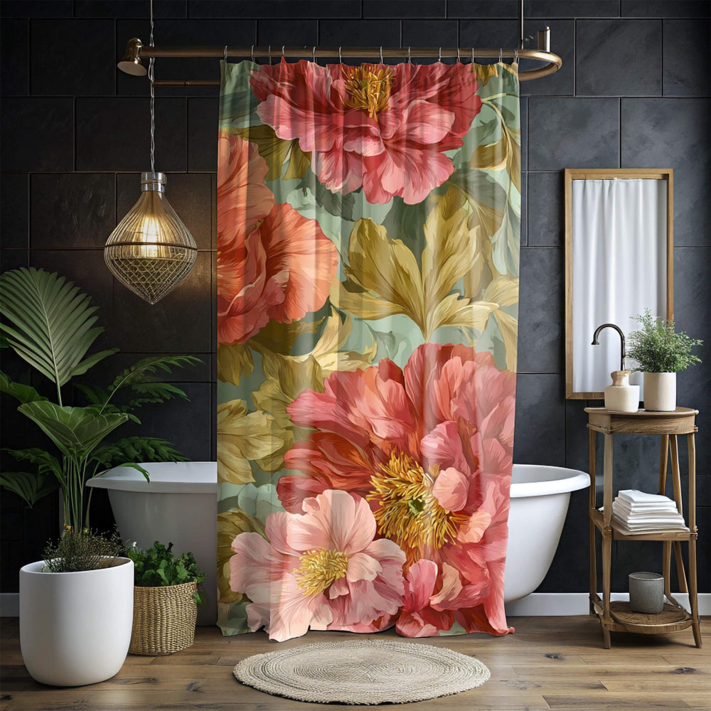Peony Shower Curtain, Oversized Bloom Print, Olive Leaves Vibrant Botanical Bathroom Decor, Floral Pattern Fabric Curtain, 71x74