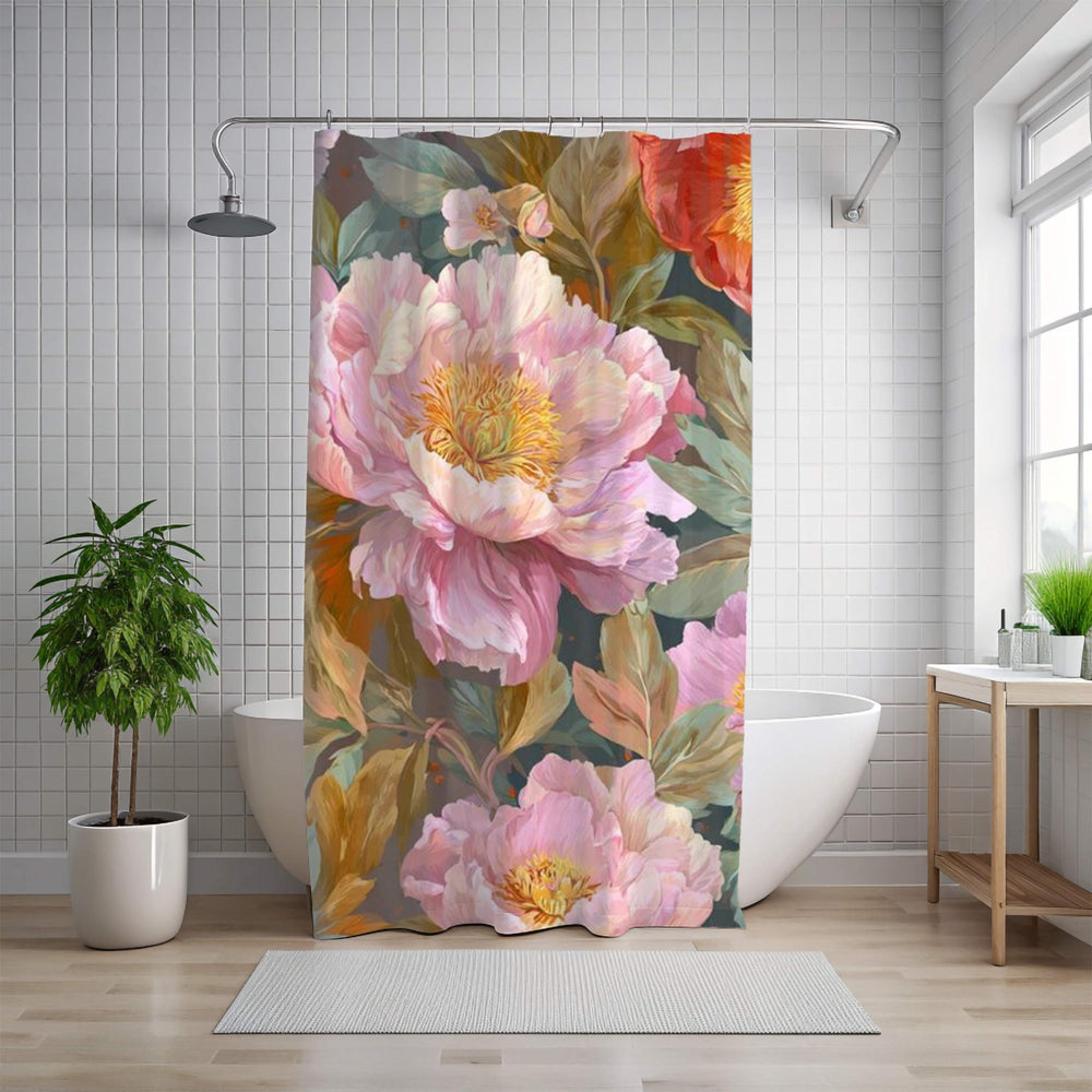 Botanical Flower Shower Curtain, Vintage Style Garden Bloom, Oversized Pink Rose Floral Print, Nature-Inspired Bathroom Curtain, 71x74