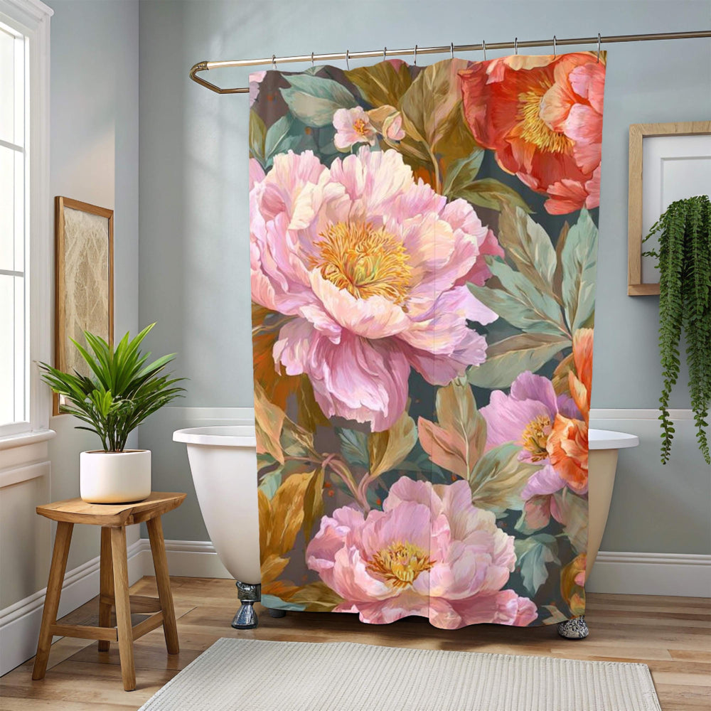 Botanical Flower Shower Curtain, Vintage Style Garden Bloom, Oversized Pink Rose Floral Print, Nature-Inspired Bathroom Curtain, 71x74