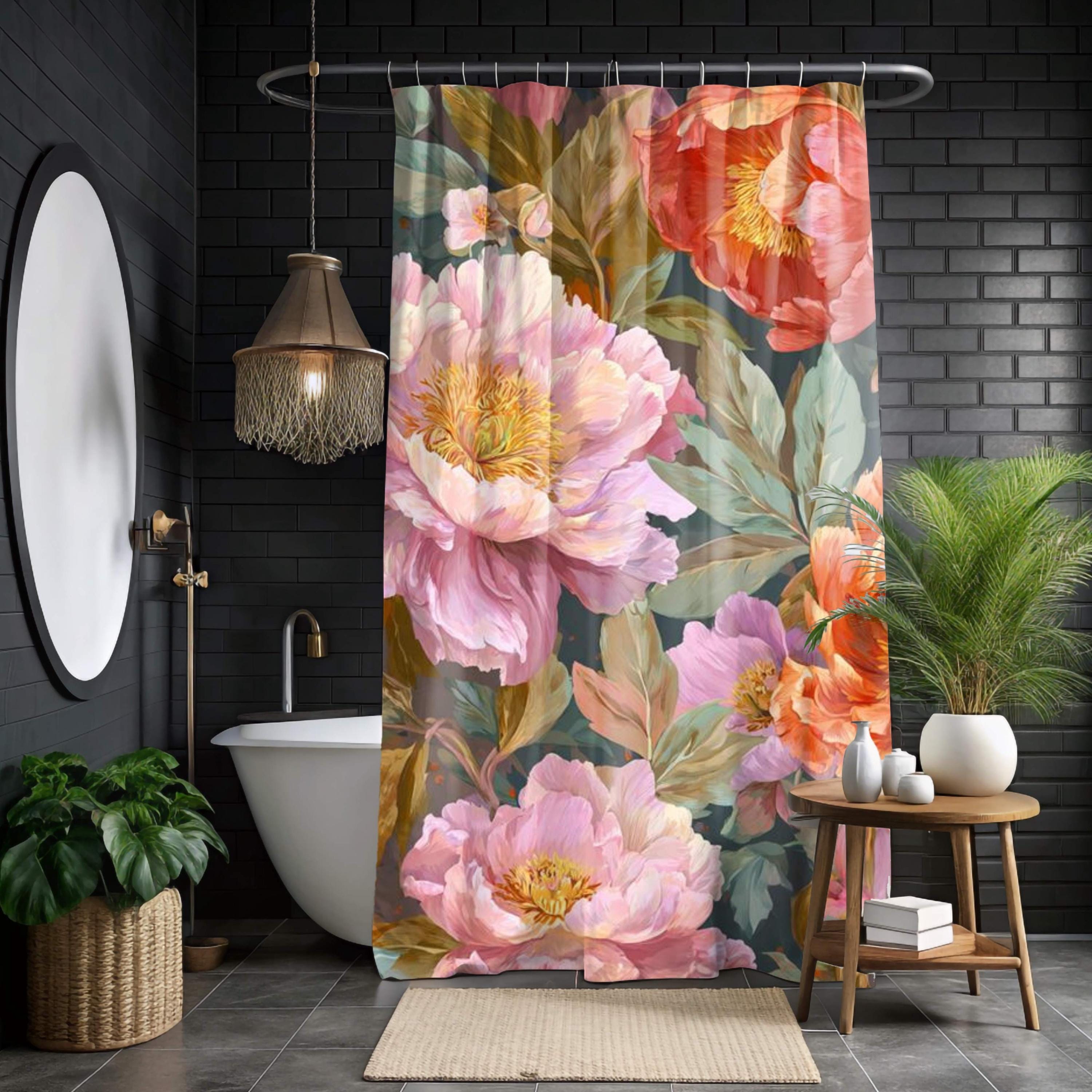 Botanical Flower Shower Curtain, Vintage Style Garden Bloom, Oversized Pink Rose Floral Print, Nature-Inspired Bathroom Curtain, 71x74