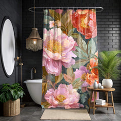 Botanical Flower Shower Curtain, Vintage Style Garden Bloom, Oversized Pink Rose Floral Print, Nature-Inspired Bathroom Curtain, 71x74