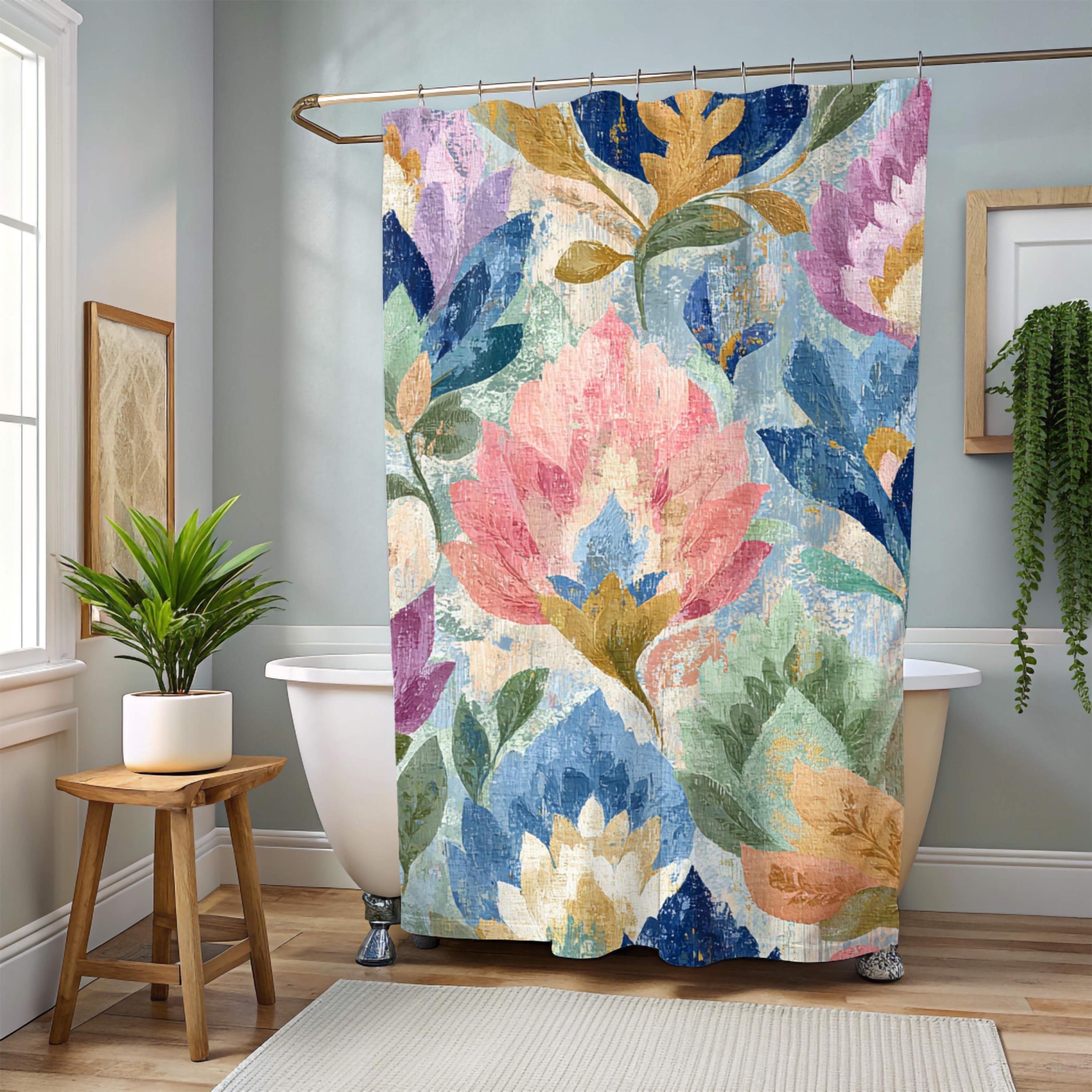 Boho Woven Floral Shower Curtain, Watercolor Flower Textile Style 71x74, Vintage Botanical Bathroom Art, Colorful Cottagecore Bath Decor
