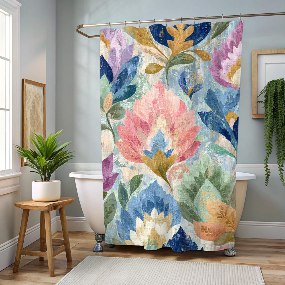 Boho Woven Floral Shower Curtain, Watercolor Flower Textile Style 71x74, Vintage Botanical Bathroom Art, Colorful Cottagecore Bath Decor