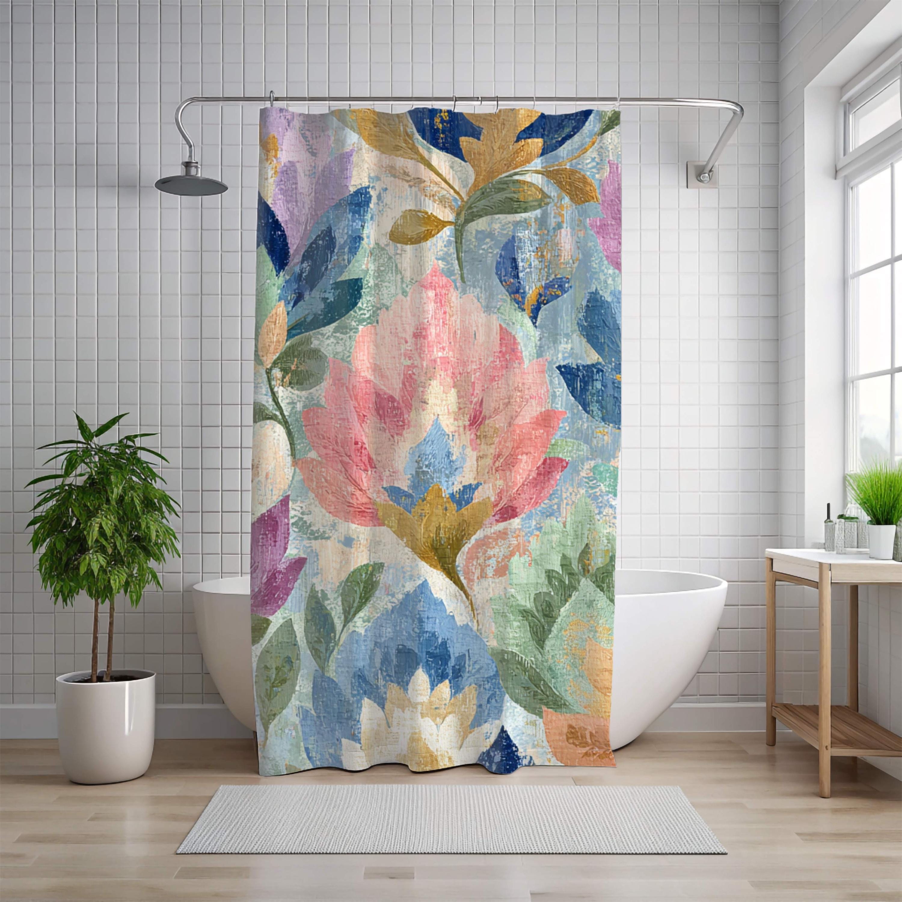 Boho Woven Floral Shower Curtain, Watercolor Flower Textile Style 71x74, Vintage Botanical Bathroom Art, Colorful Cottagecore Bath Decor