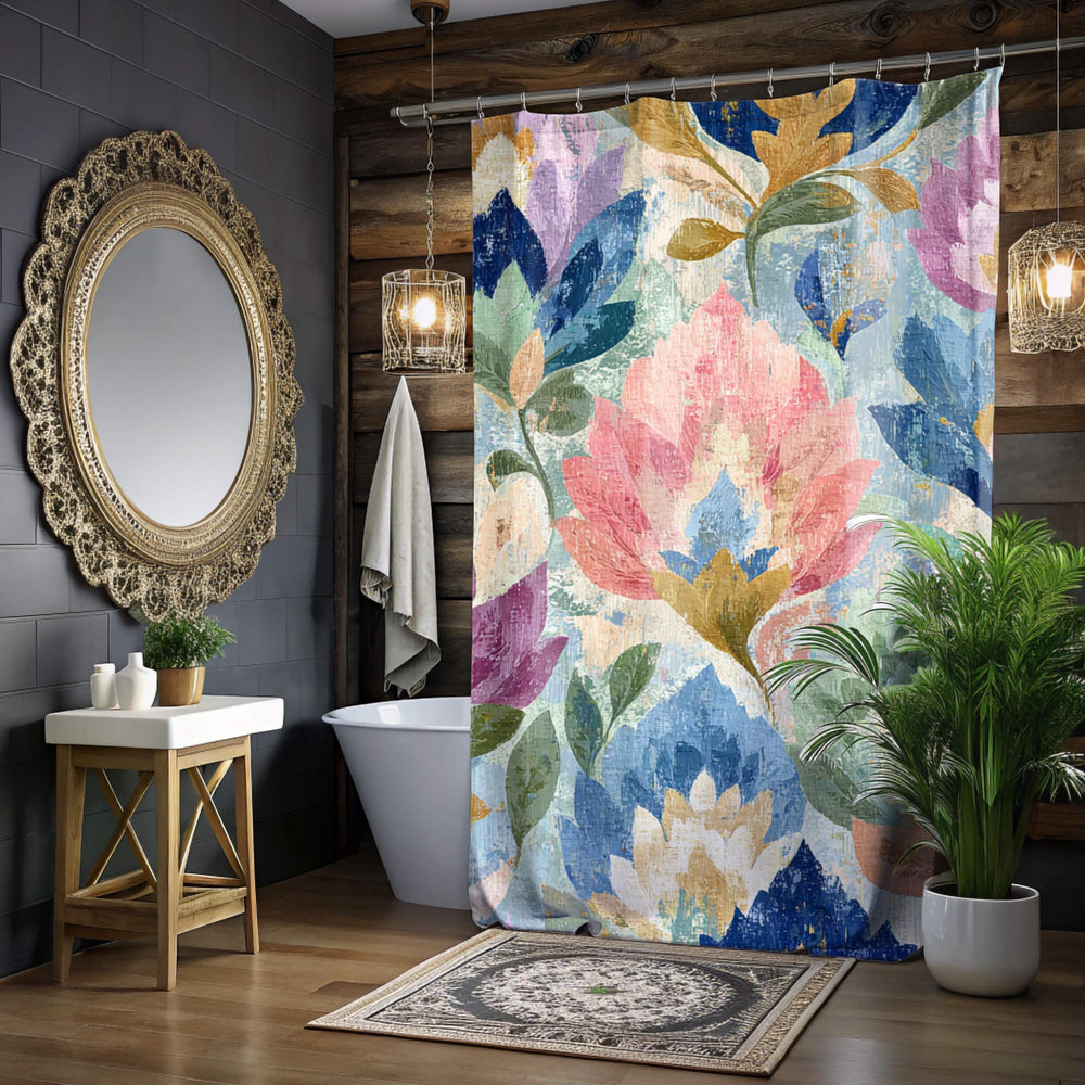 Boho Woven Floral Shower Curtain, Watercolor Flower Textile Style 71x74, Vintage Botanical Bathroom Art, Colorful Cottagecore Bath Decor