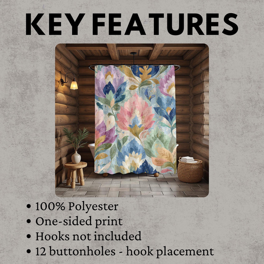Boho Woven Floral Shower Curtain, Watercolor Flower Textile Style 71x74, Vintage Botanical Bathroom Art, Colorful Cottagecore Bath Decor