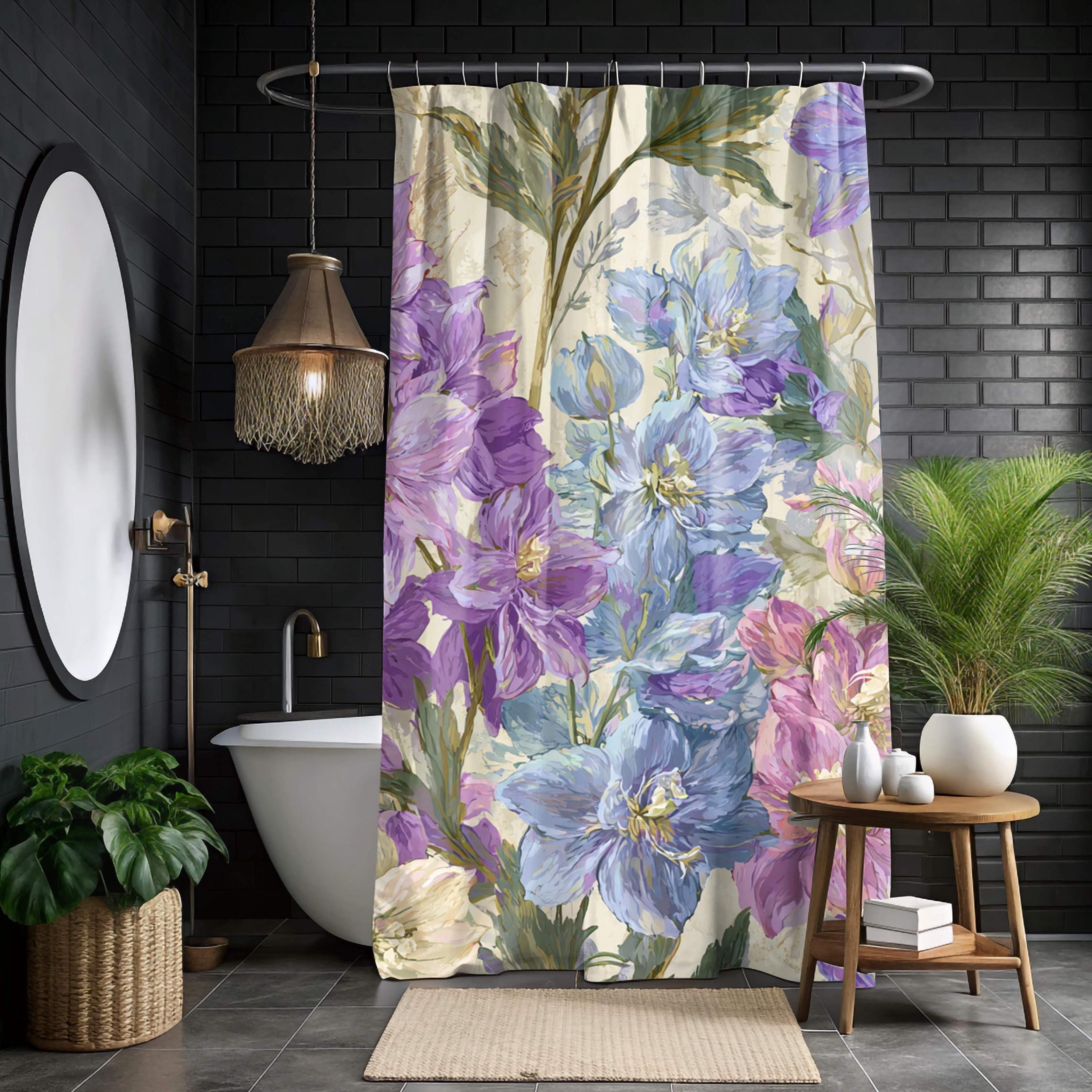 Lavender Wildflower Shower Curtain, Botanical Watercolor Blue Floral Design, Romantic Country Cottage Bathroom Curtain 71x74
