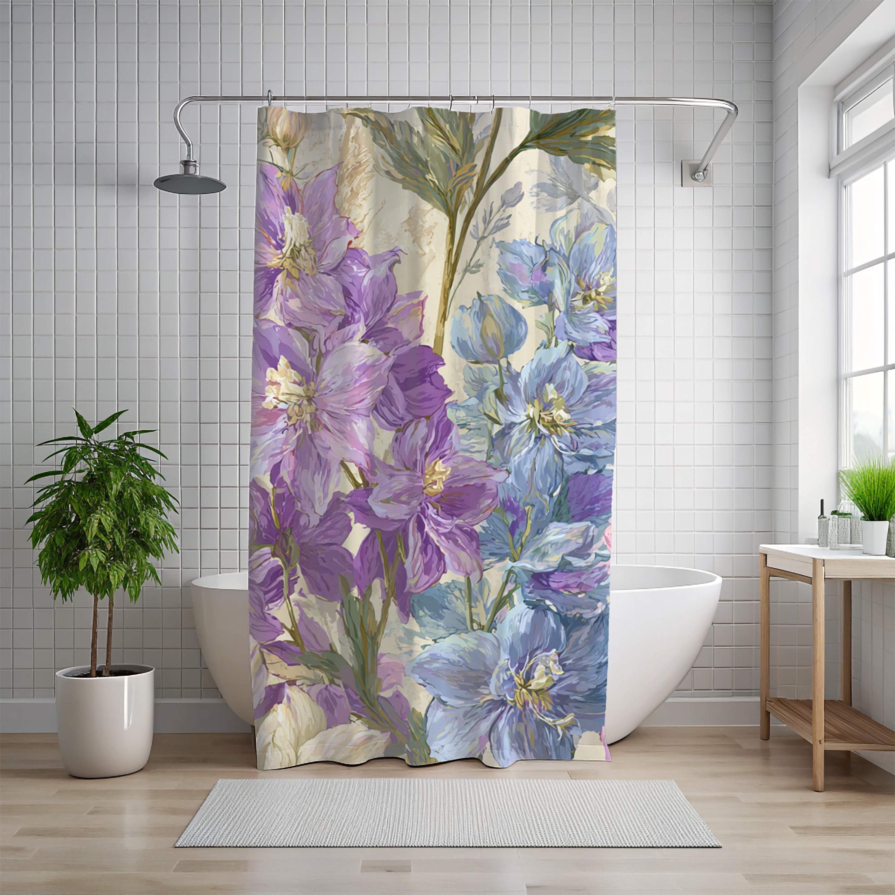 Lavender Wildflower Shower Curtain, Botanical Watercolor Blue Floral Design, Romantic Country Cottage Bathroom Curtain 71x74