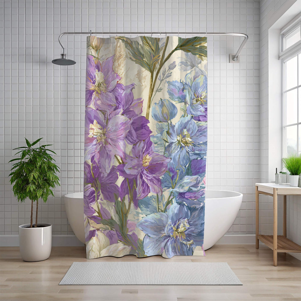Lavender Wildflower Shower Curtain, Botanical Watercolor Blue Floral Design, Romantic Country Cottage Bathroom Curtain 71x74