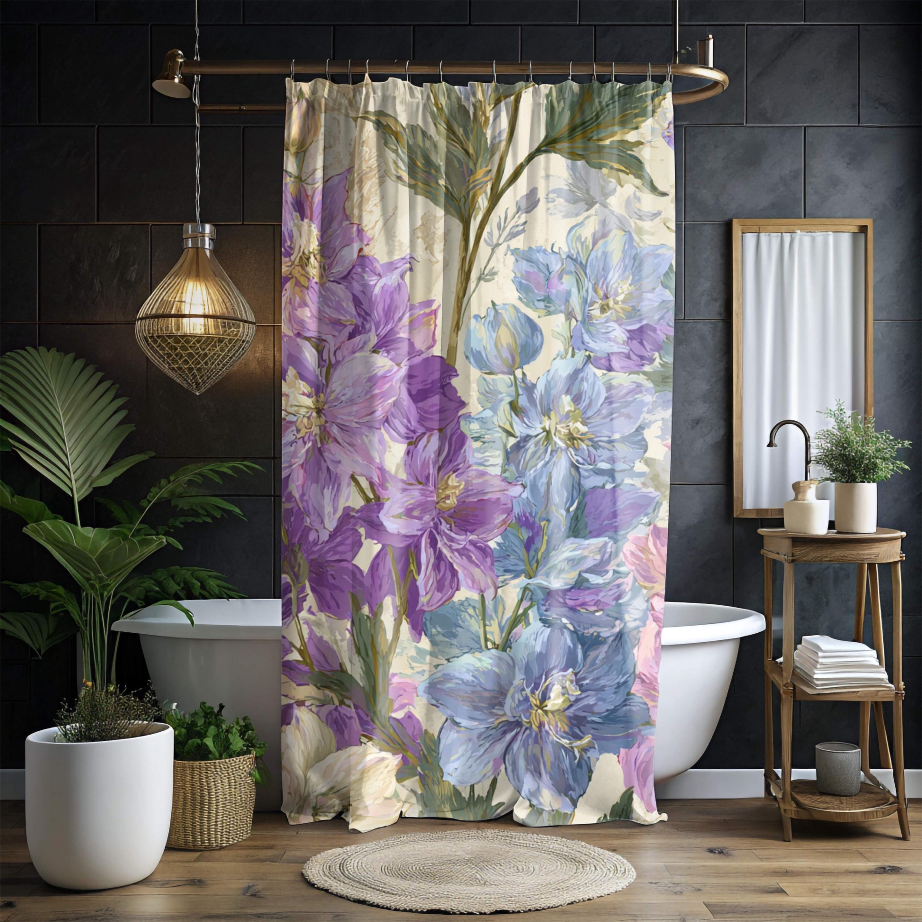 Lavender Wildflower Shower Curtain, Botanical Watercolor Blue Floral Design, Romantic Country Cottage Bathroom Curtain 71x74