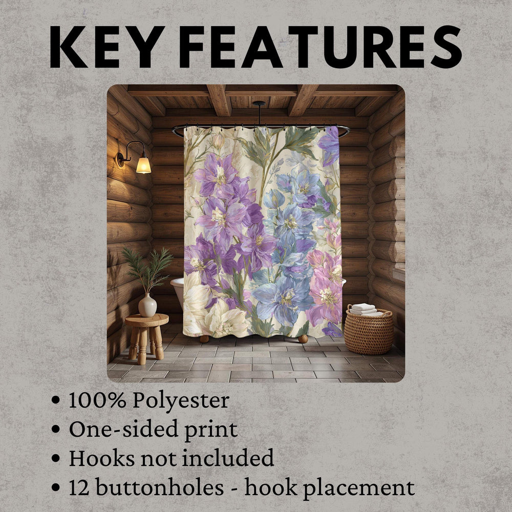 Lavender Wildflower Shower Curtain, Botanical Watercolor Blue Floral Design, Romantic Country Cottage Bathroom Curtain 71x74