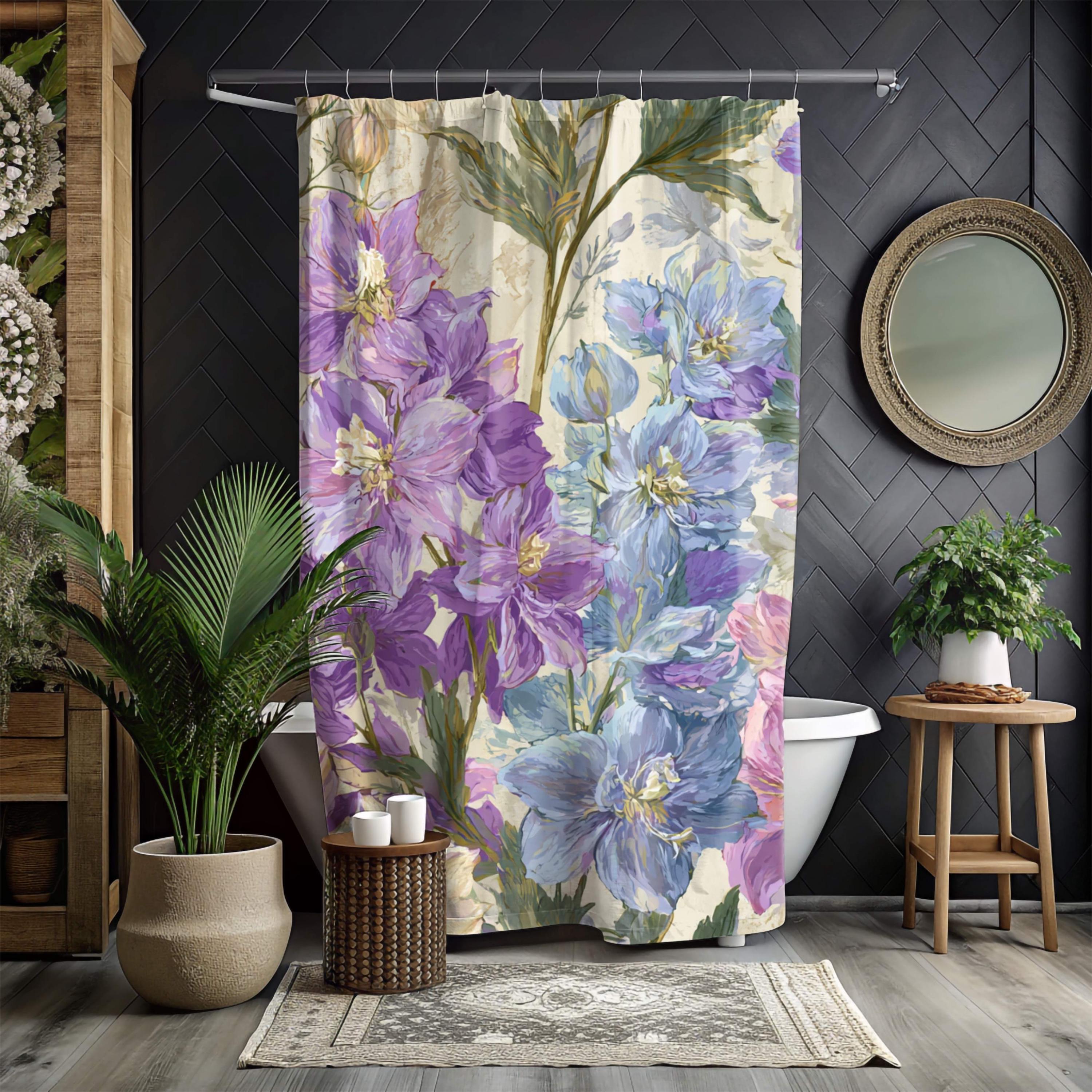 Lavender Wildflower Shower Curtain, Botanical Watercolor Blue Floral Design, Romantic Country Cottage Bathroom Curtain 71x74
