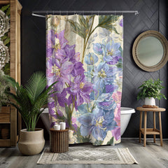 Lavender Wildflower Shower Curtain, Botanical Watercolor Blue Floral Design, Romantic Country Cottage Bathroom Curtain 71x74
