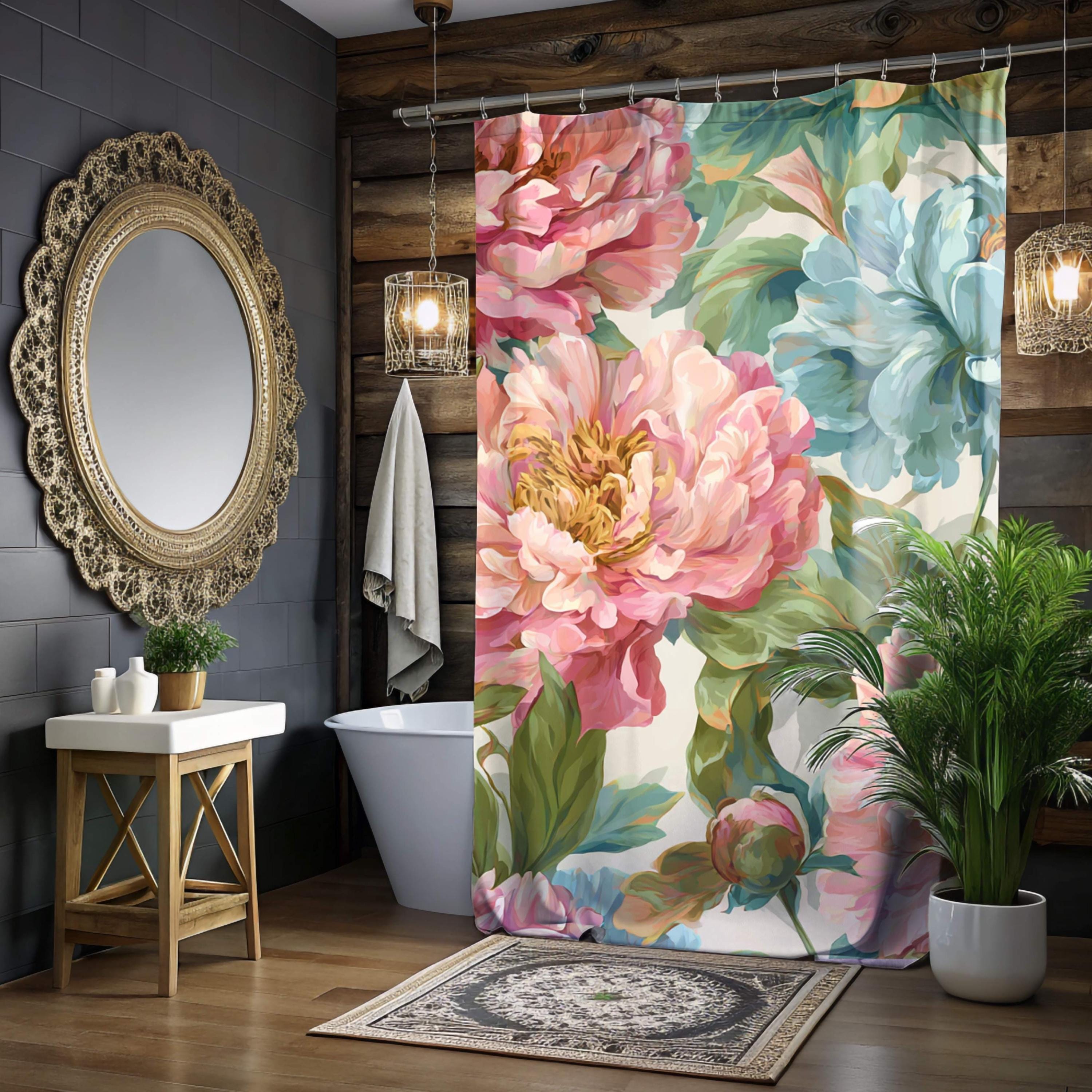 Peony Garden Shower Curtain, Blush Pink and Blue Floral Bathroom Art, Romantic Large Flower Print Curtain for Bath 71x74