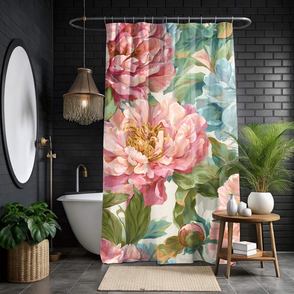 Peony Garden Shower Curtain, Blush Pink and Blue Floral Bathroom Art, Romantic Large Flower Print Curtain for Bath 71x74