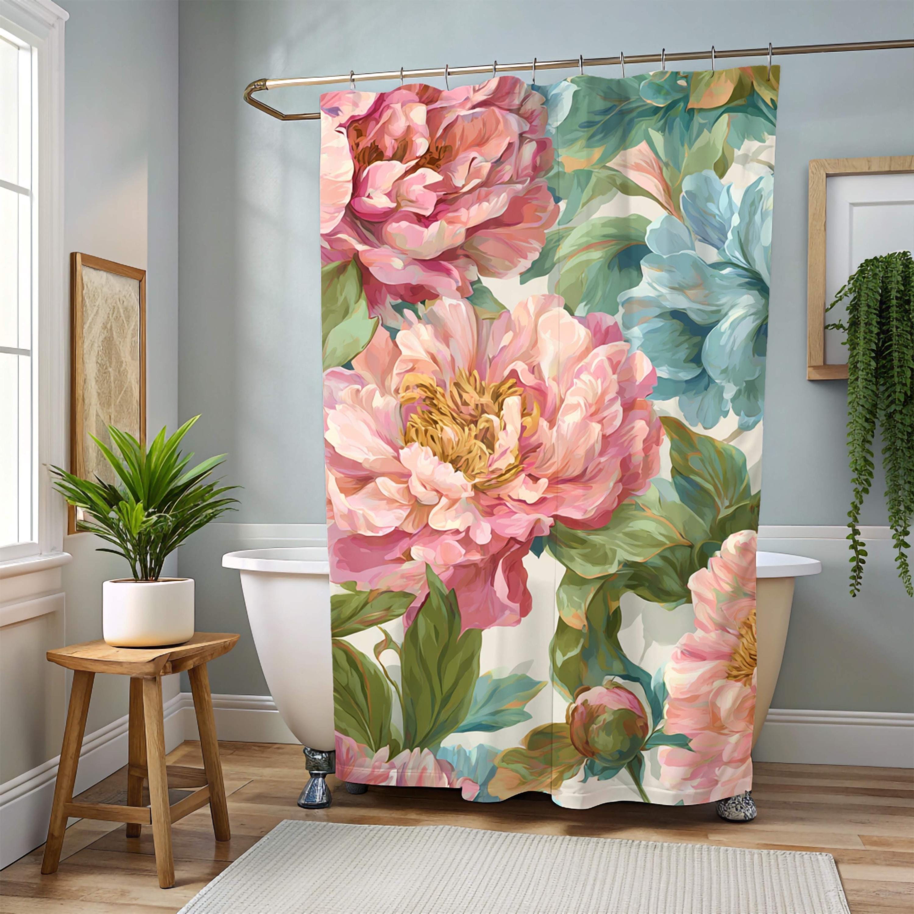 Peony Garden Shower Curtain, Blush Pink and Blue Floral Bathroom Art, Romantic Large Flower Print Curtain for Bath 71x74