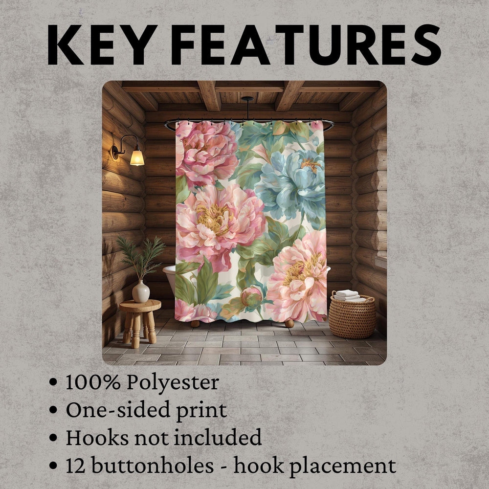Peony Garden Shower Curtain, Blush Pink and Blue Floral Bathroom Art, Romantic Large Flower Print Curtain for Bath 71x74