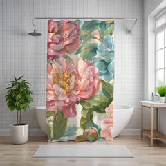 Peony Garden Shower Curtain, Blush Pink and Blue Floral Bathroom Art, Romantic Large Flower Print Curtain for Bath 71x74