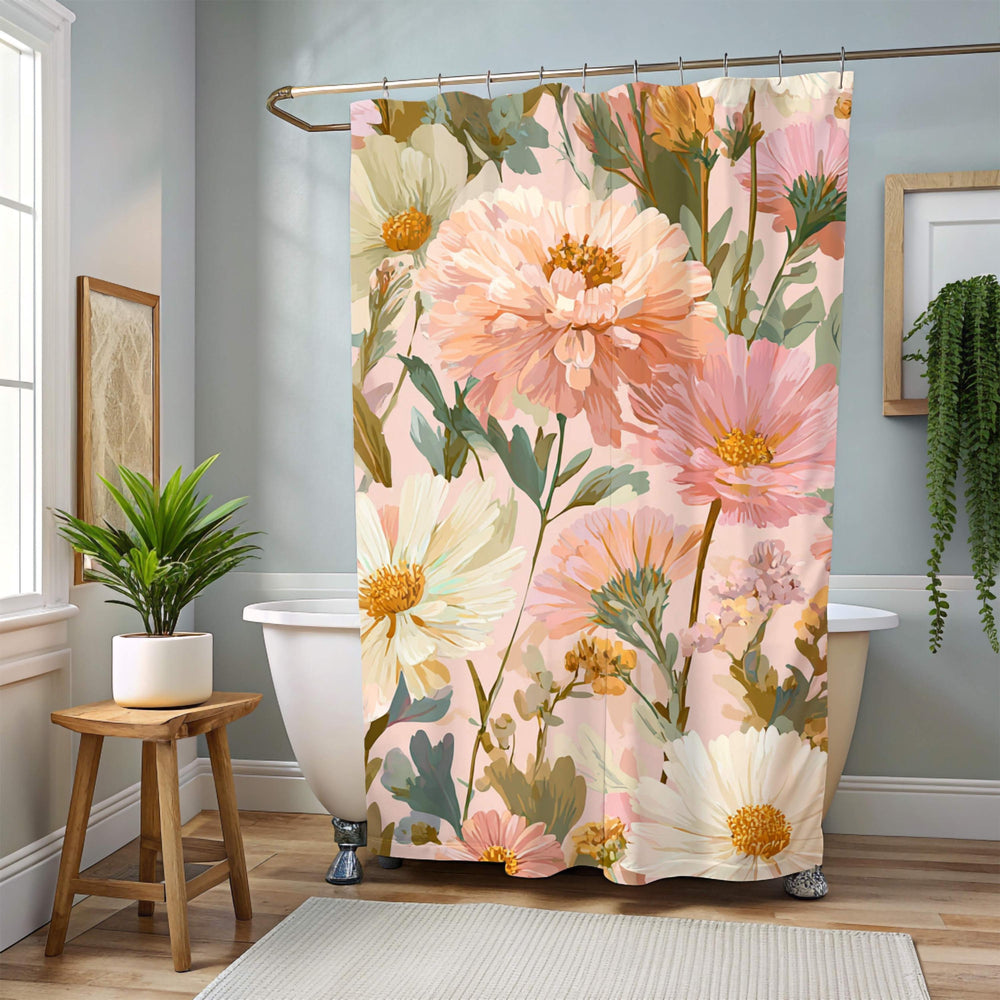 Peach Wildflower Shower Curtain, Summer Garden Floral Bathroom Decor, Pastel Boho Botanical Curtain, Nature-Inspired Bathroom Curtain 71x74