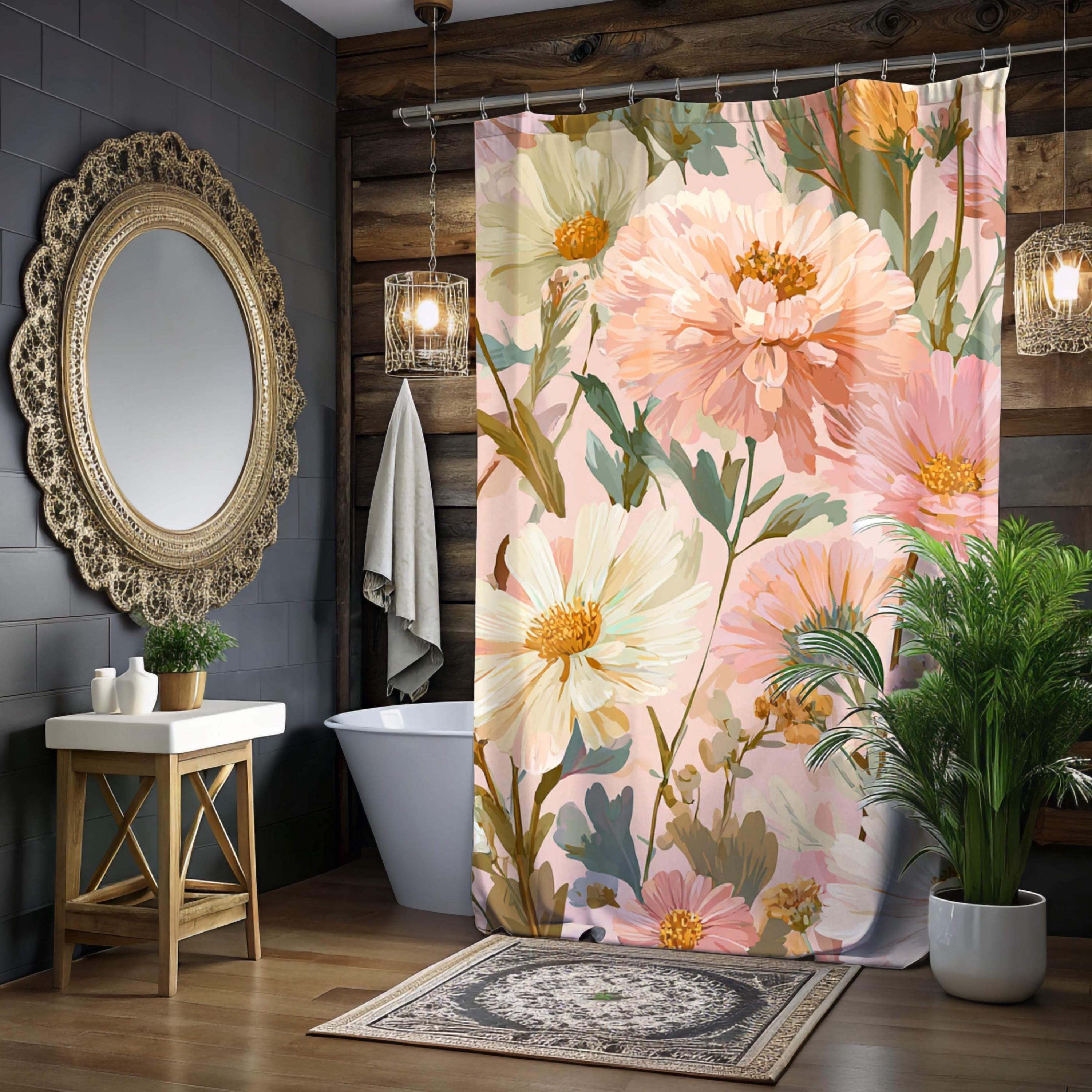Peach Wildflower Shower Curtain, Summer Garden Floral Bathroom Decor, Pastel Boho Botanical Curtain, Nature-Inspired Bathroom Curtain 71x74